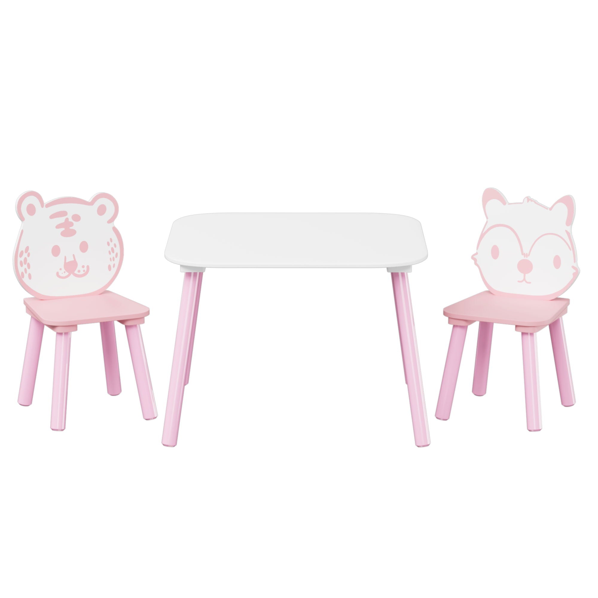 Table And Chair Set, 3 Piece Wooden Toddler Desk With Animal Backrest - Pink / White