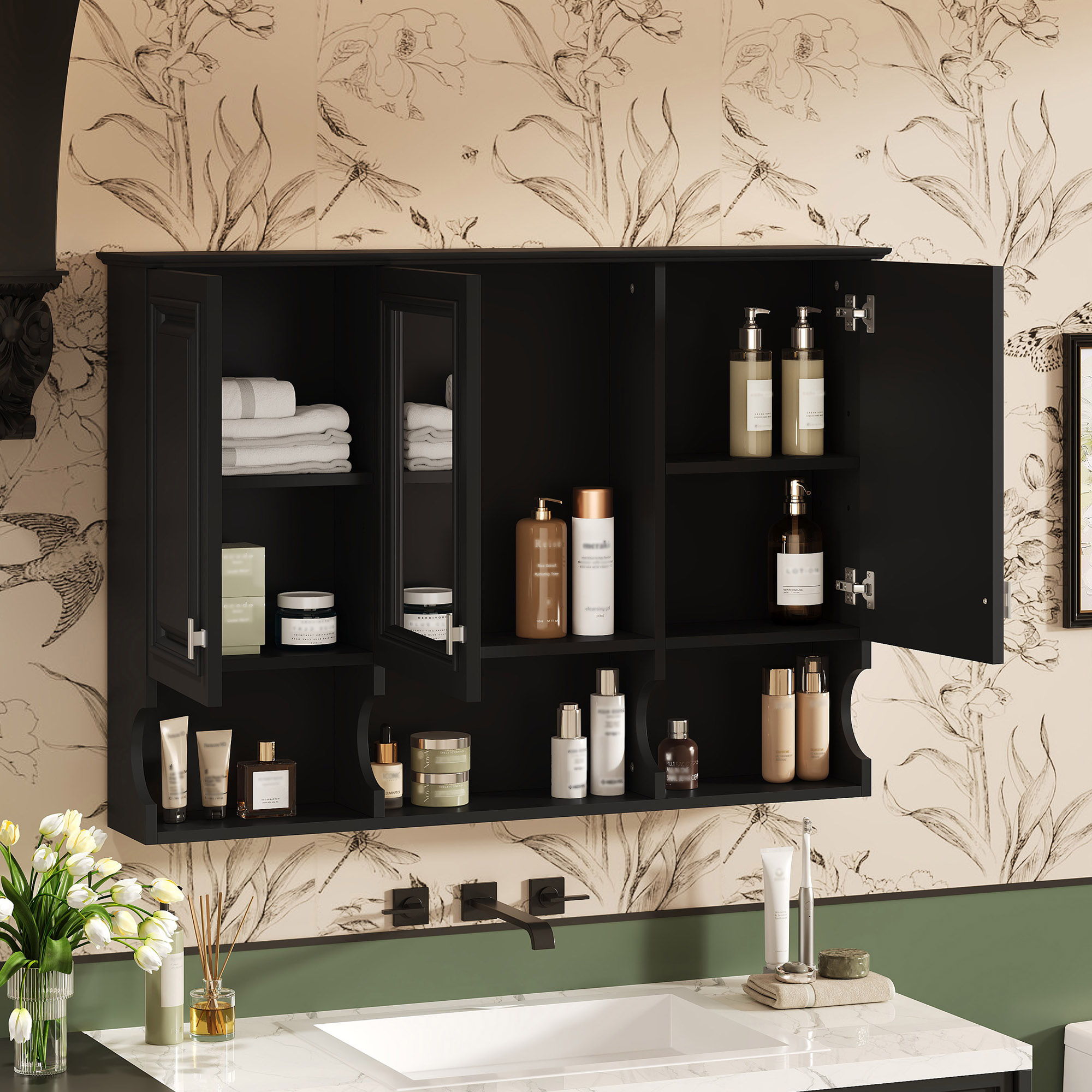 Modern Wall Mounted Mirror Medicine Cabinet With Open Shelves, Adjustable Interior, Storage Over Toilet