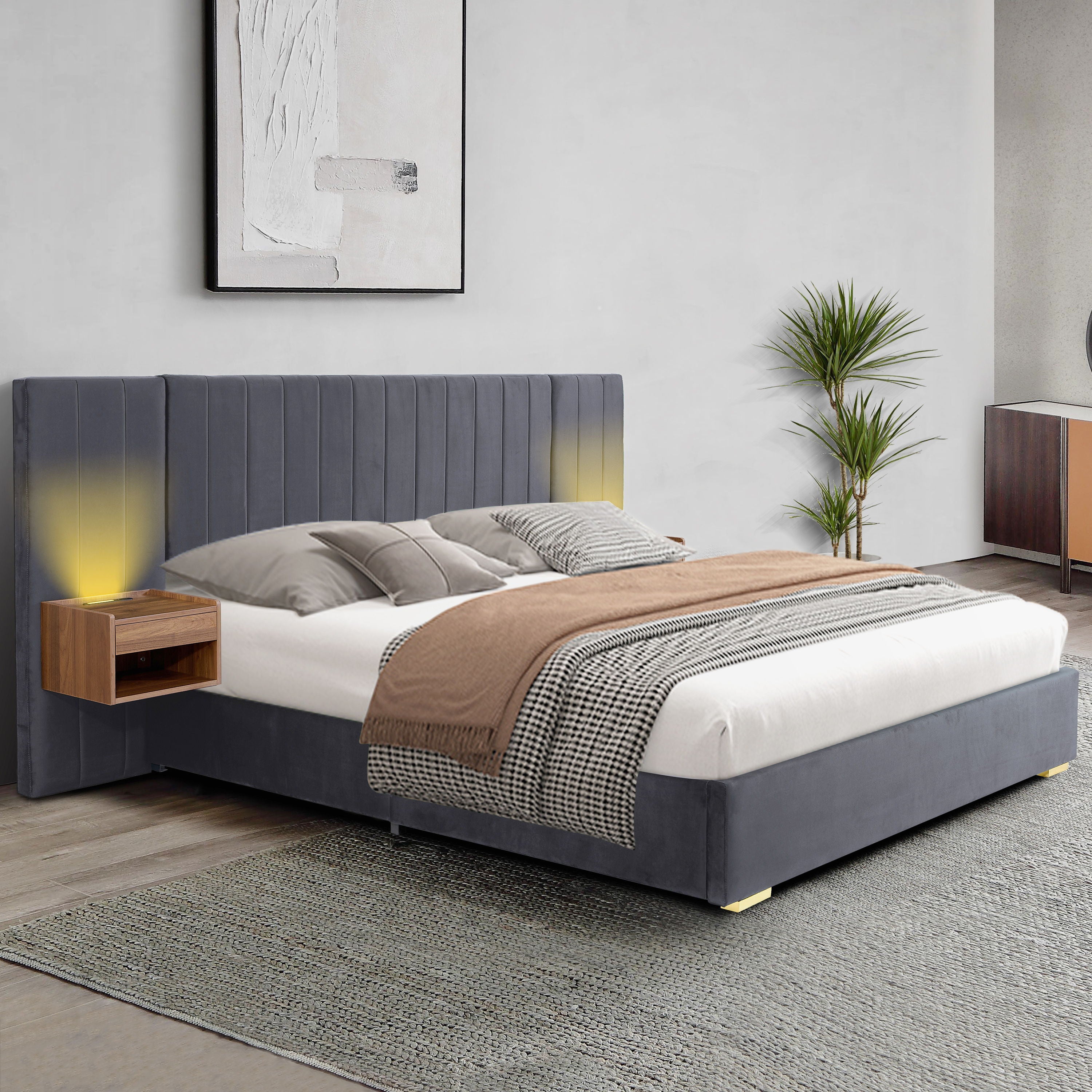 Upholstered Bed Frame Of Velvet Tufted Headboard With Floating Nightstand LED / USB Built