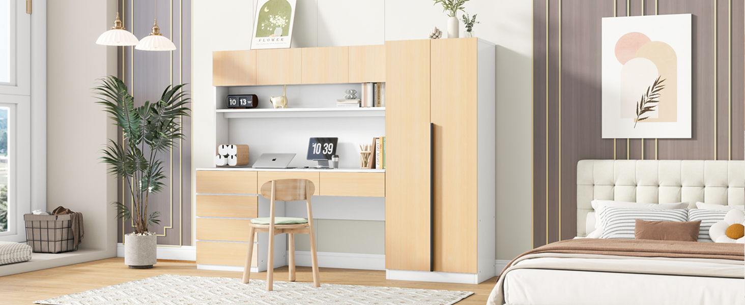 2 Door Storage Desk Wardrobe For Bedroom With Shelves And Drawers
