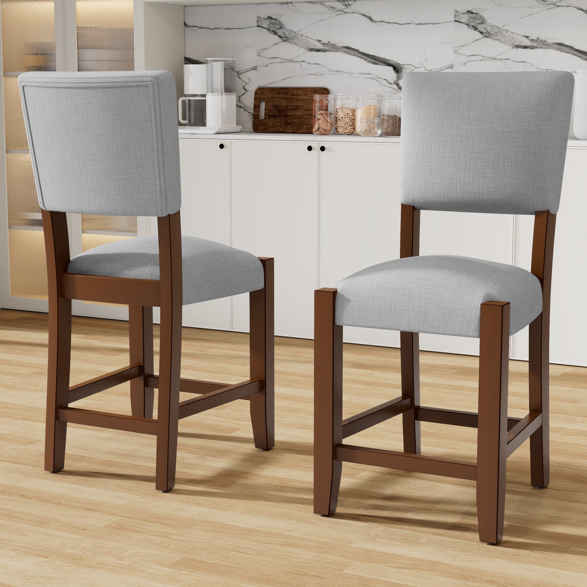 Set of 4 Mid-Century Modern Bar Stools, 40 in Linen Upholstered Counter Chairs with Rubber Wood Legs, Gray