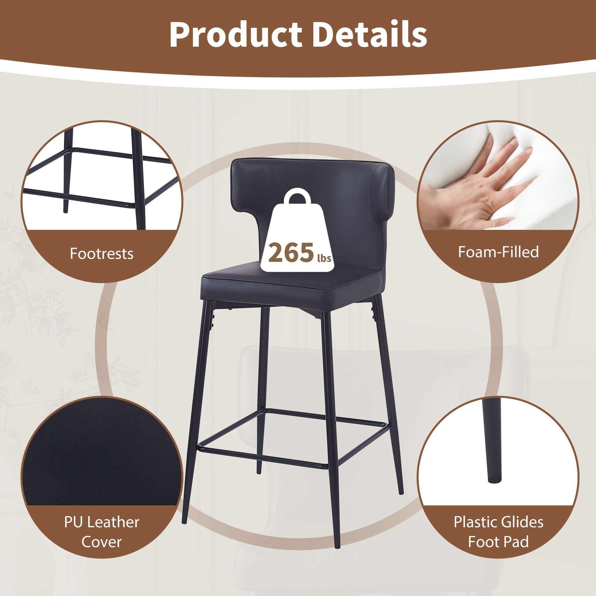 Modern Bar Stools With Upholstery And Metal Footrest (Set of 2)