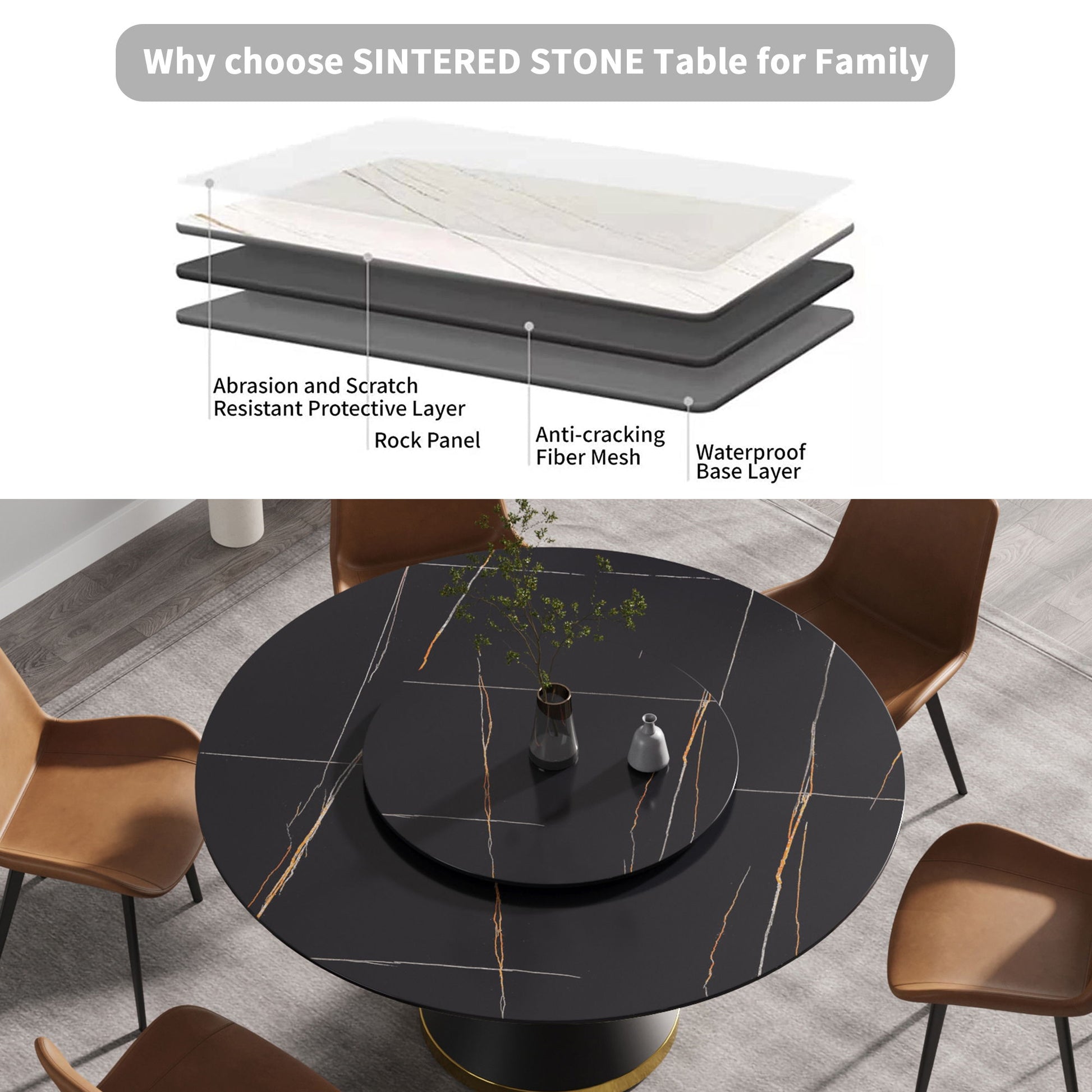 Modern Artificial Stone Round Carbon Steel Base Dining Table, Can Accommodate 6 People Artificial Stone Turntable - Black - Best Buy Furniture
