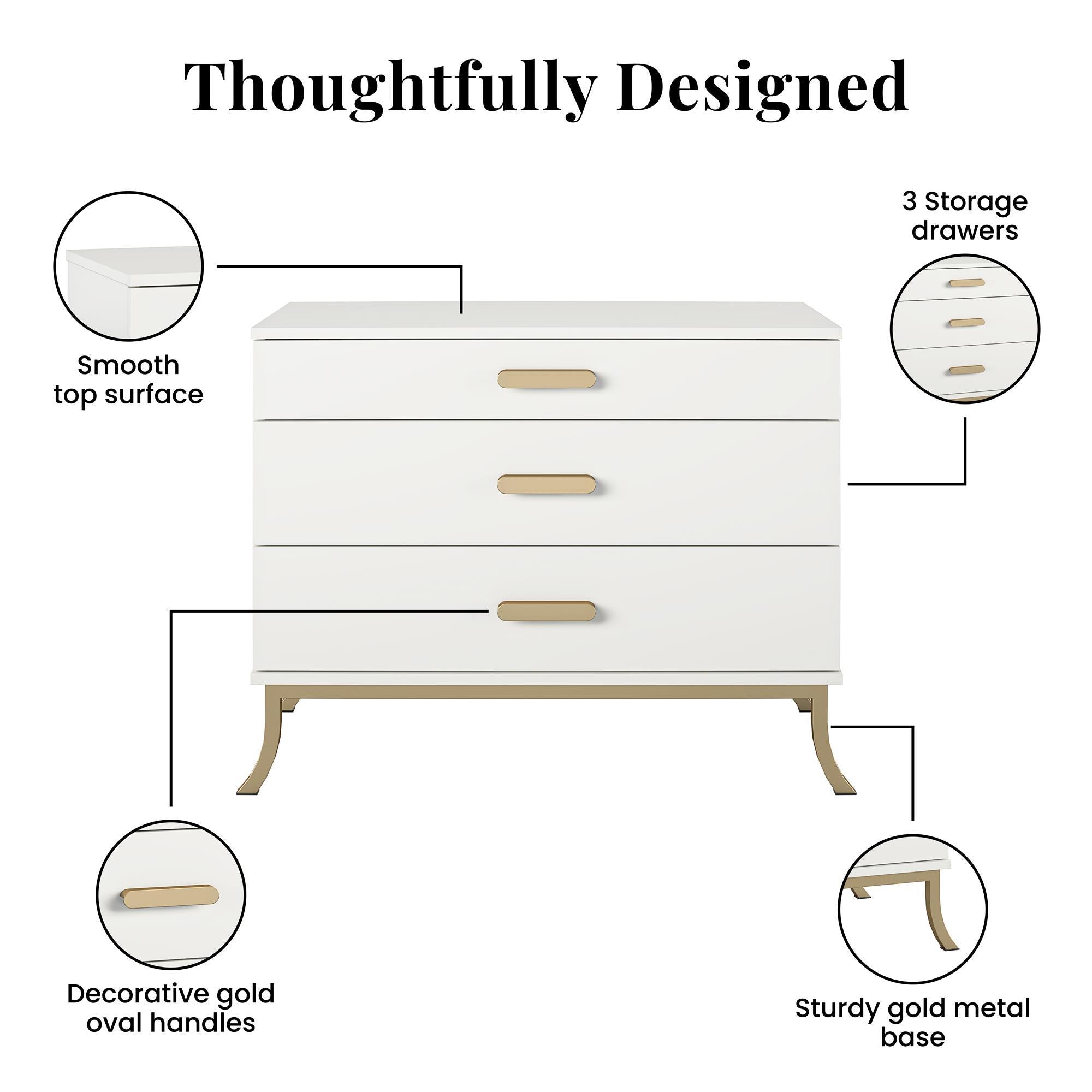 3 Drawer Dresser With Oval Handles - White / Gold