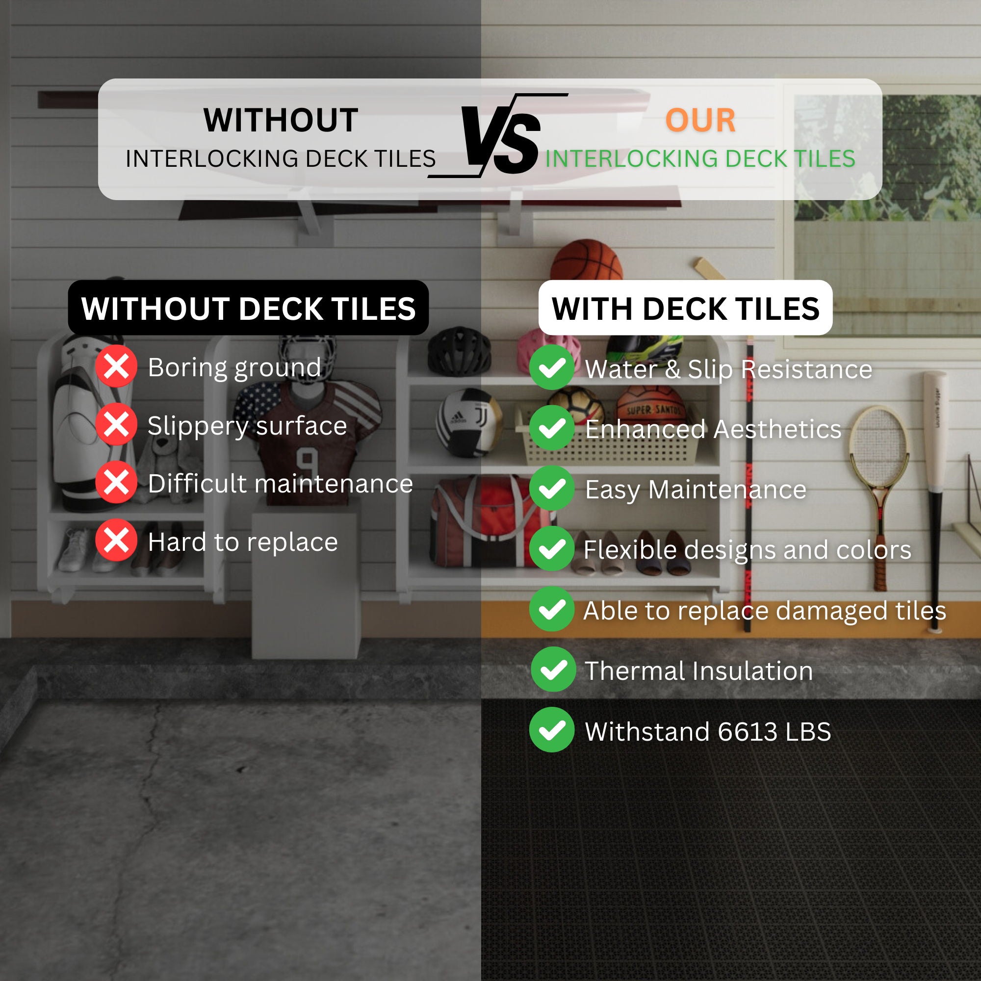 Interlocking Deck Tiles Plastic Waterproof Outdoor All Weather Anti-Slip Bathroom Shower Balcony Porch Strong Weight Capacity Upto 6613 Lbs, Rosette Pattern