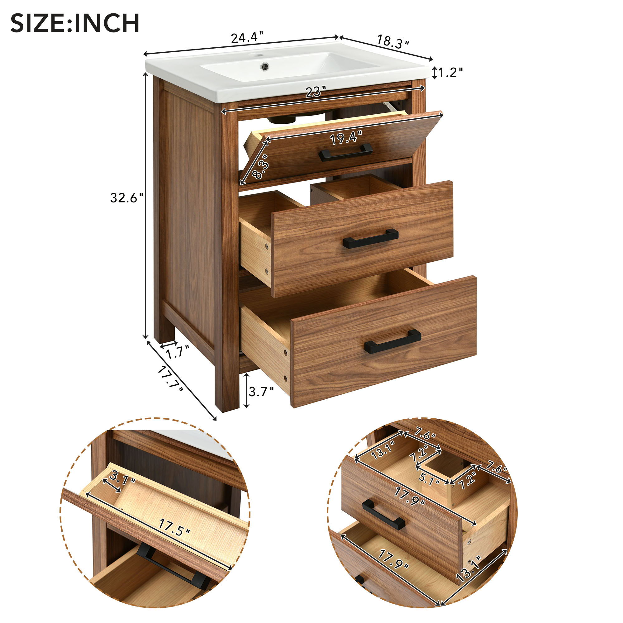 24'' Bathroom Vanity With Basin Sink, 3 Drawer Storage Cabinet - Natural Wood