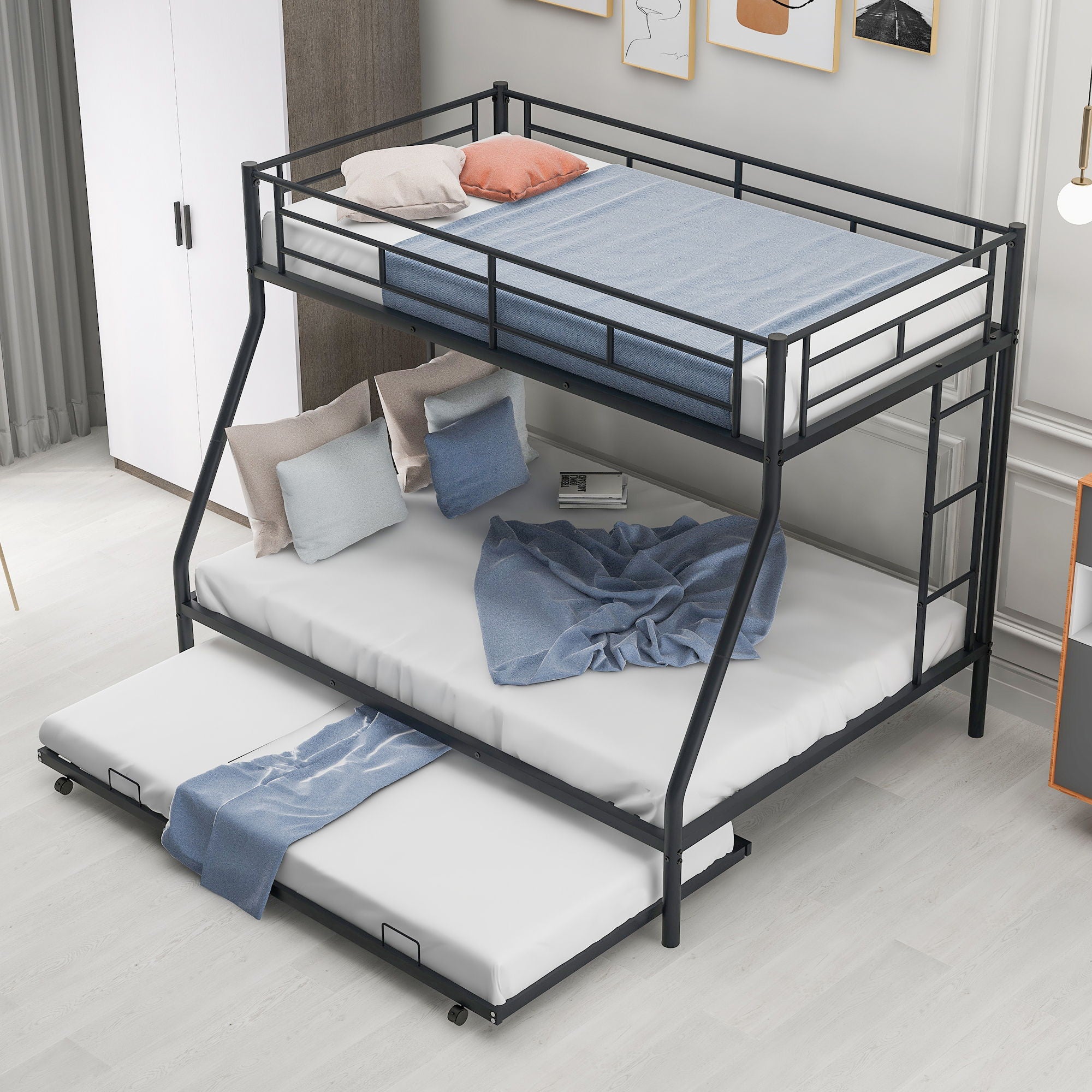 Bunk Bed With Steel Frame And Trundle, 2 Side Ladders