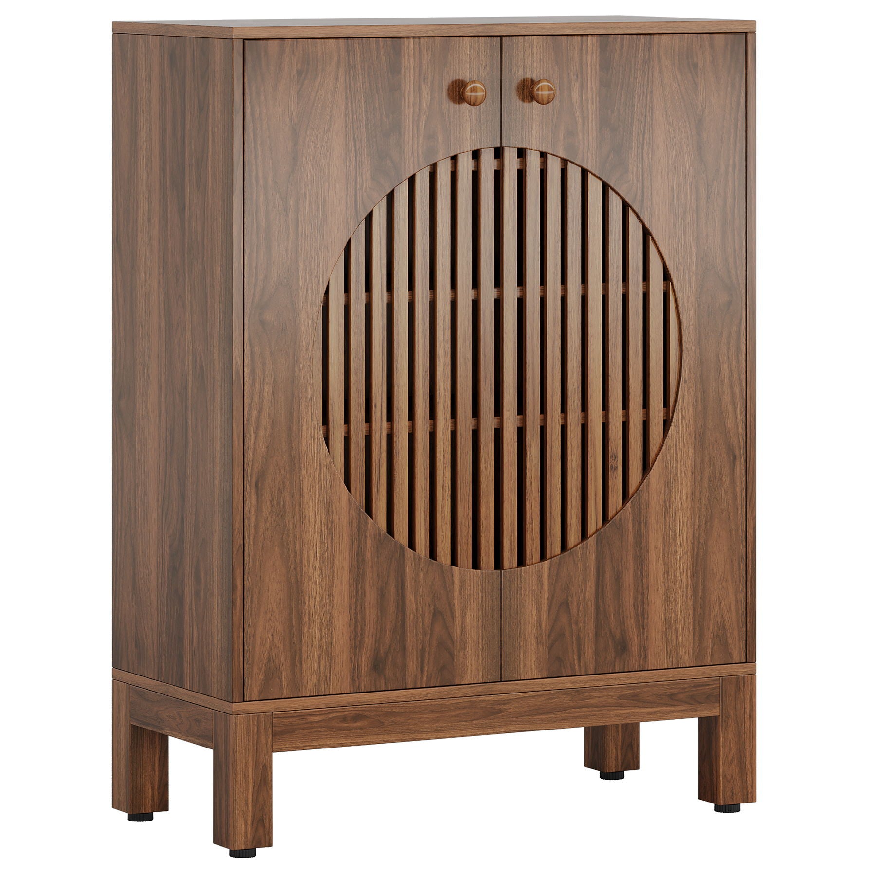 5 Tier Shoe Cabinet With Round Louvered Doors, Storage Organizer - Brown