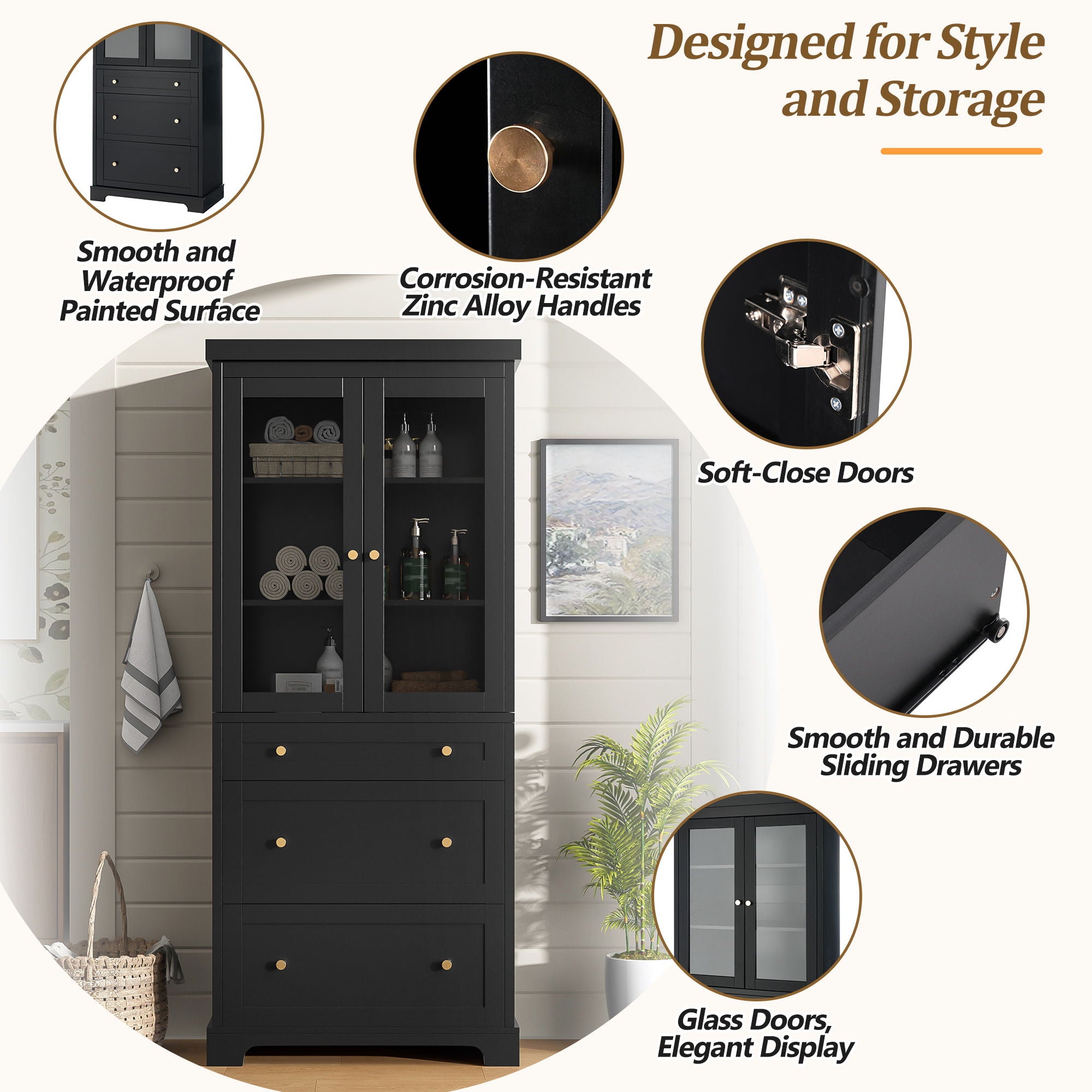 Freestanding Tall Bathroom Cabinet With Adjustable Shelves, Drawers, Soft Close Glass Doors