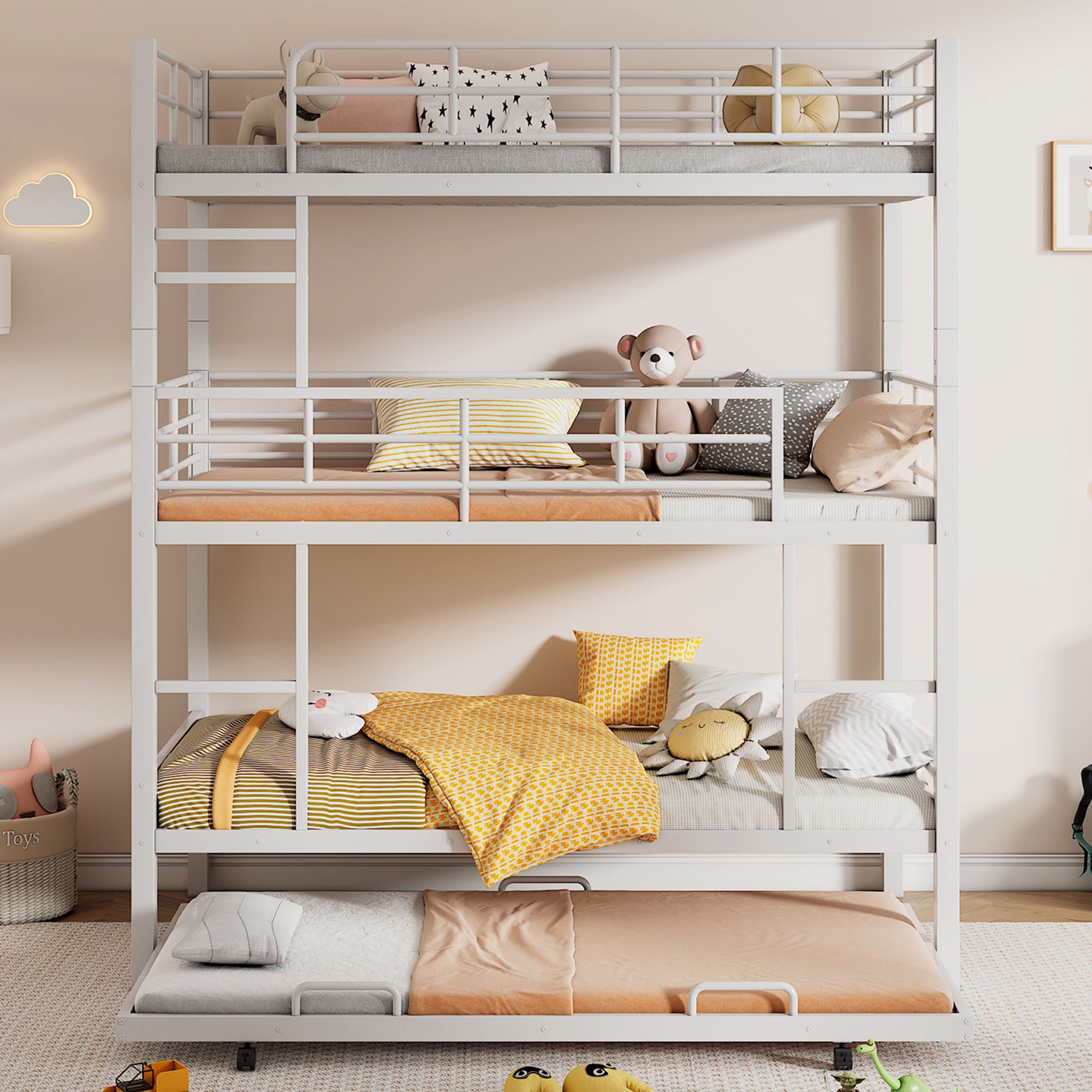 Triple Bunk Bed With Trundle, Heavy Duty Steel Construction