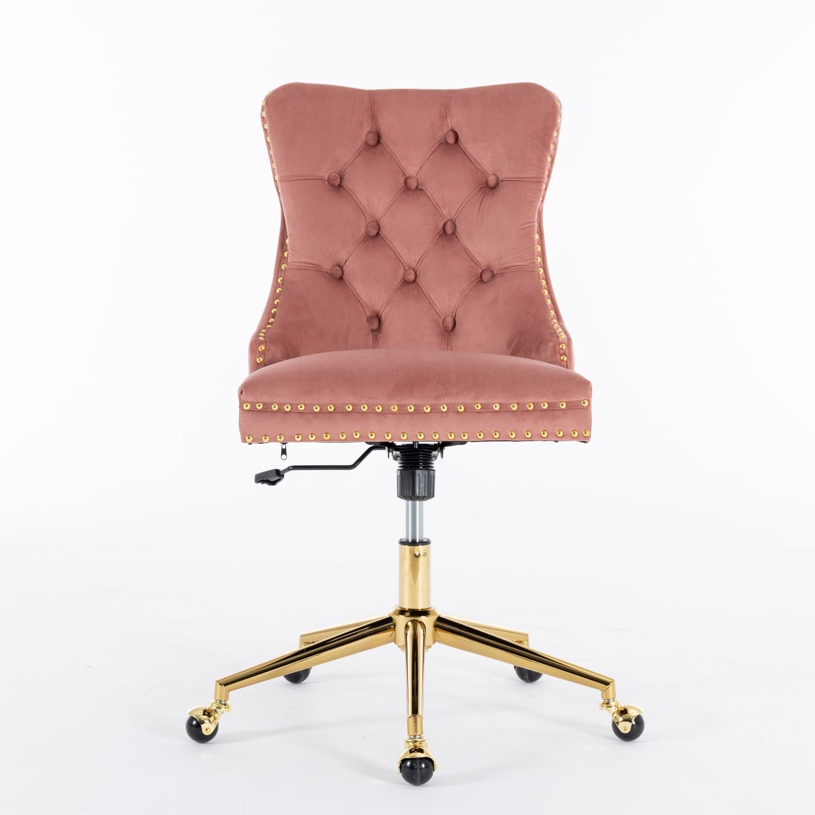 Velvet upholstered tufted chair with golden metal adjustable swivel base