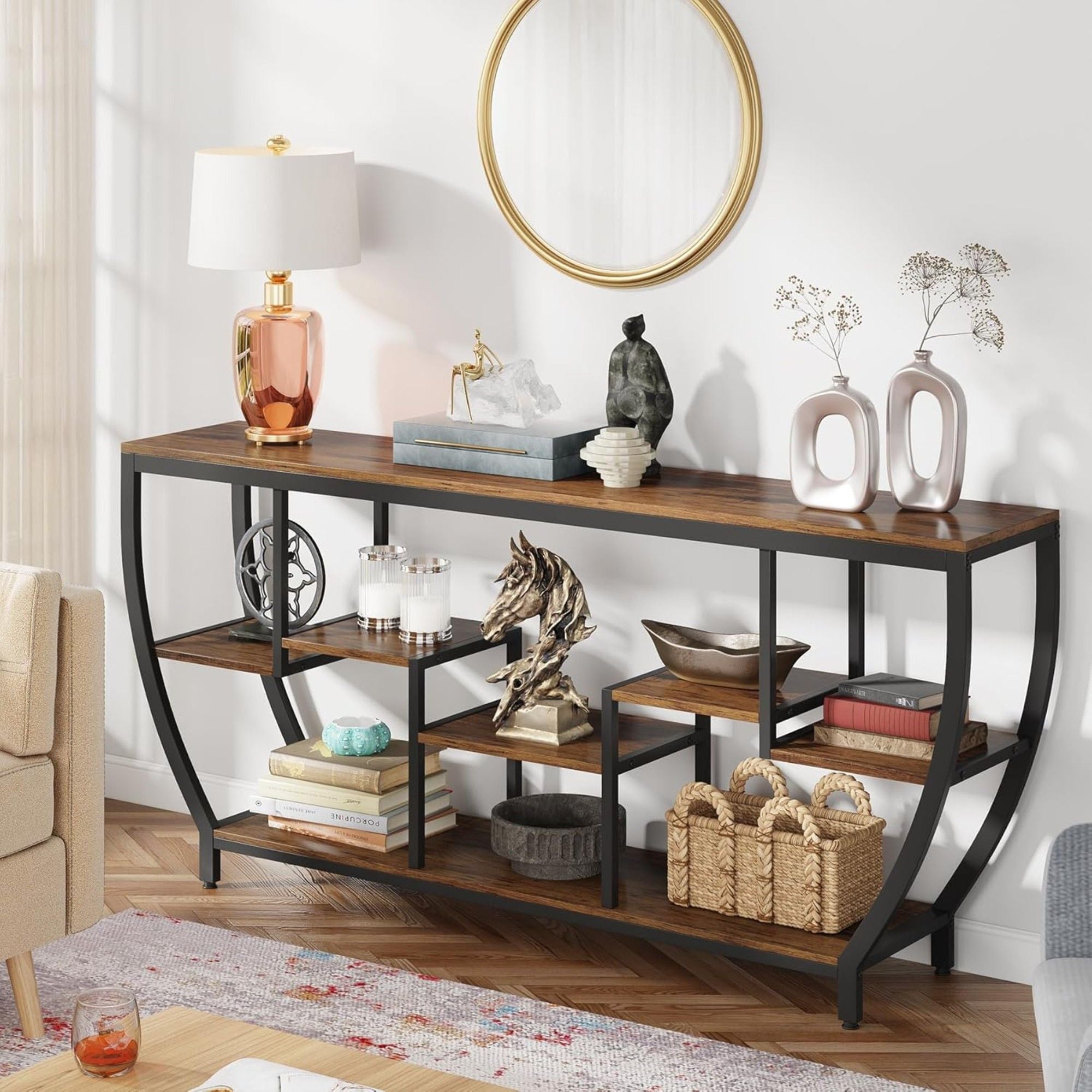 Extra Long Entryway Console Sofa Table With 7 Tier Shelves - Brown / Black