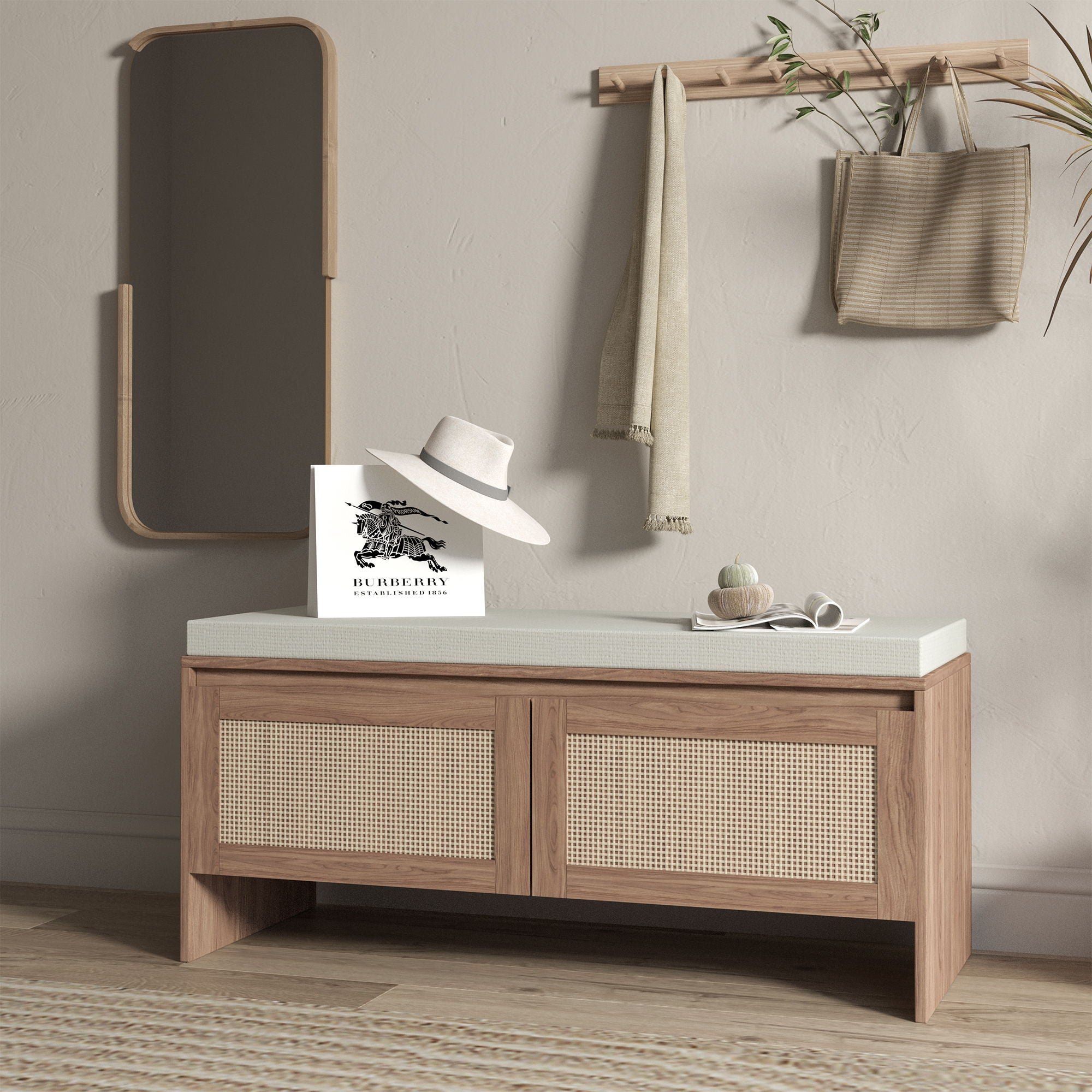 Storage Bench With Cushion, Shoe Cabinet With 2 Doors - Antique Natural / Rattan