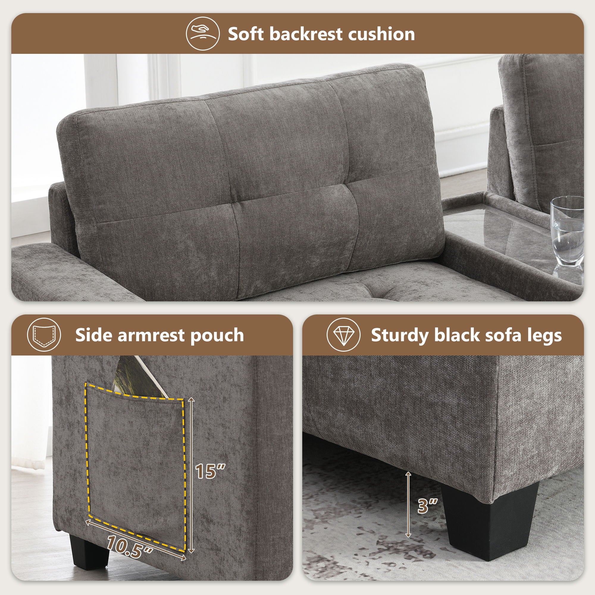Sectional With Acrylic Table Top U Shaped Couch Set With 2 Consoles USB Charger, Storage Drawers And Pockets Movable Ottoman Tufted Sofa