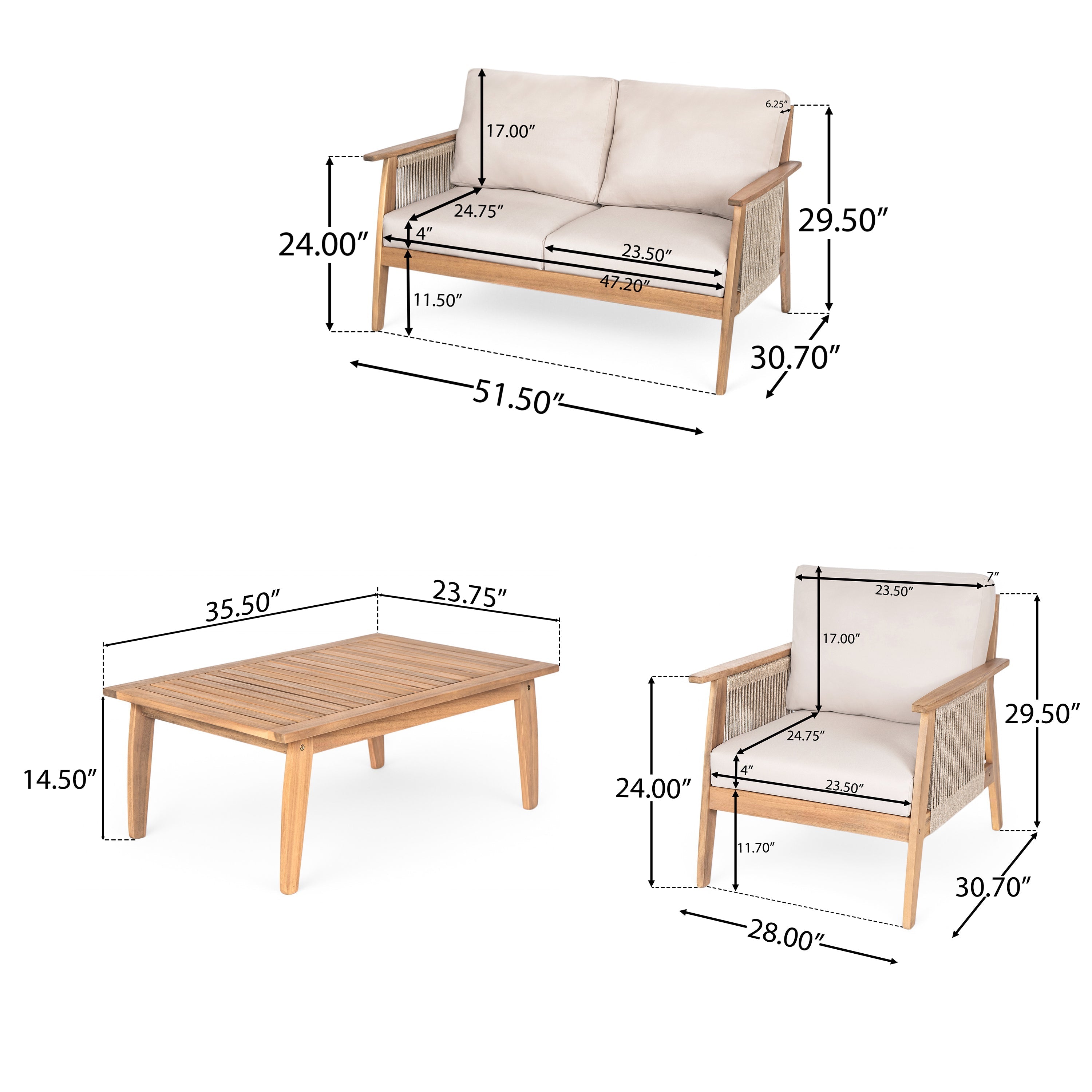 Outdoor 4pc Acacia Wood and Rope Sectional Patio Sofa Set