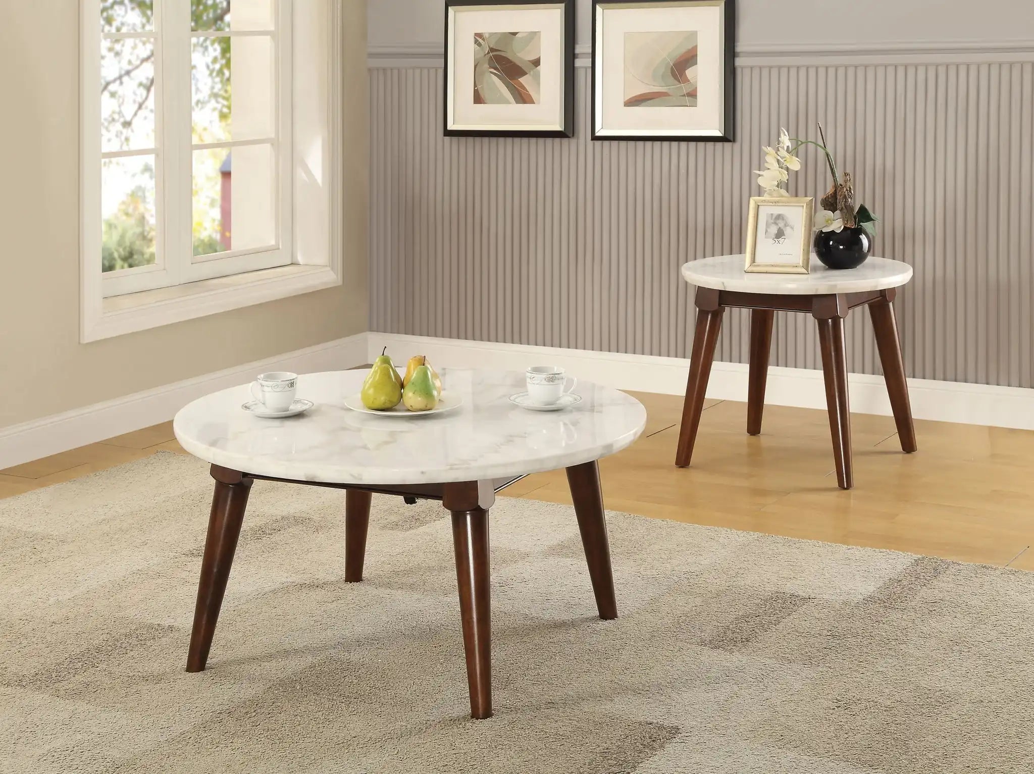 Gasha - Coffee Table - White Marble / Walnut