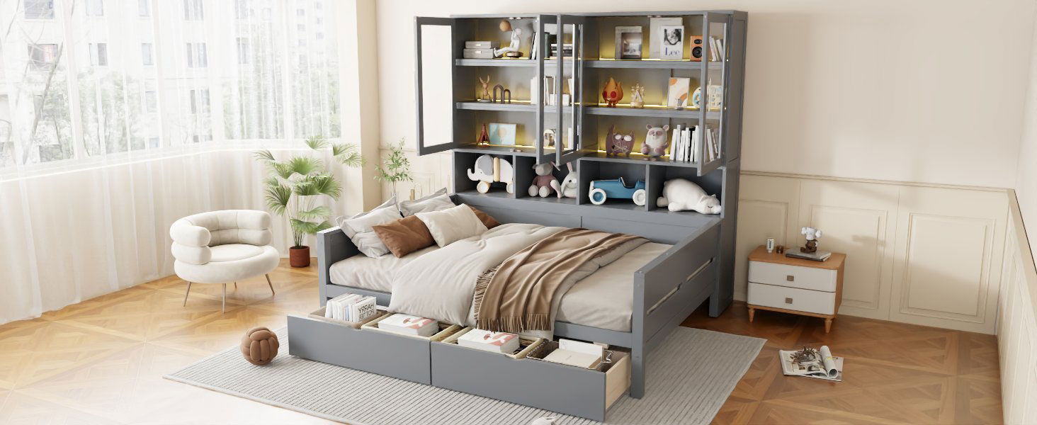 Daybed With Glass Door Storage Cabinets, Built In LED Lighting And Shelves
