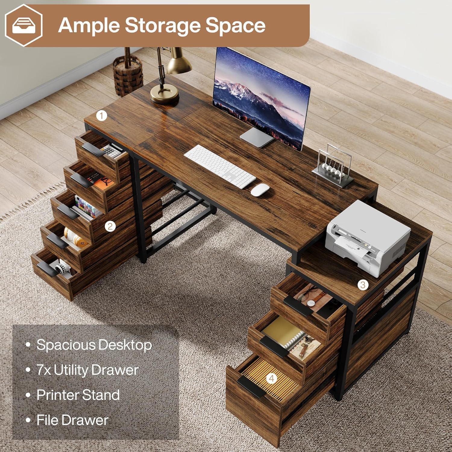 Computer Desk With 8 Drawers And Reversible File Cabinet, Workstation For Home Office - Brown / Black