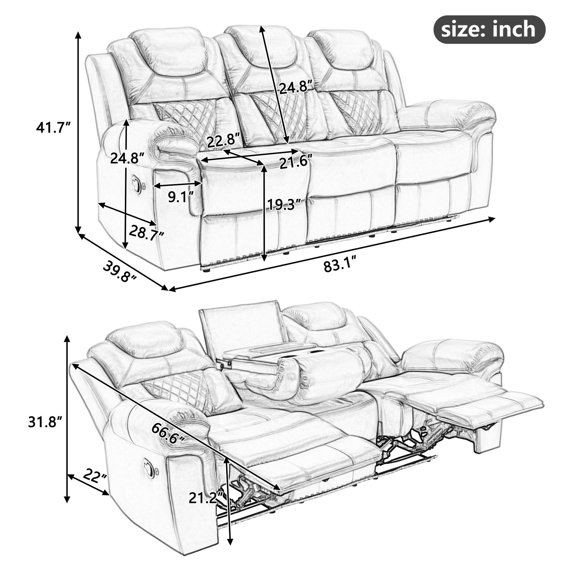 3 Pieces Recliner Sofa Sets Home Theater Seating Manual Recliner Chair With Center Console And LED Light Strip For Living Room - Best Buy Furniture