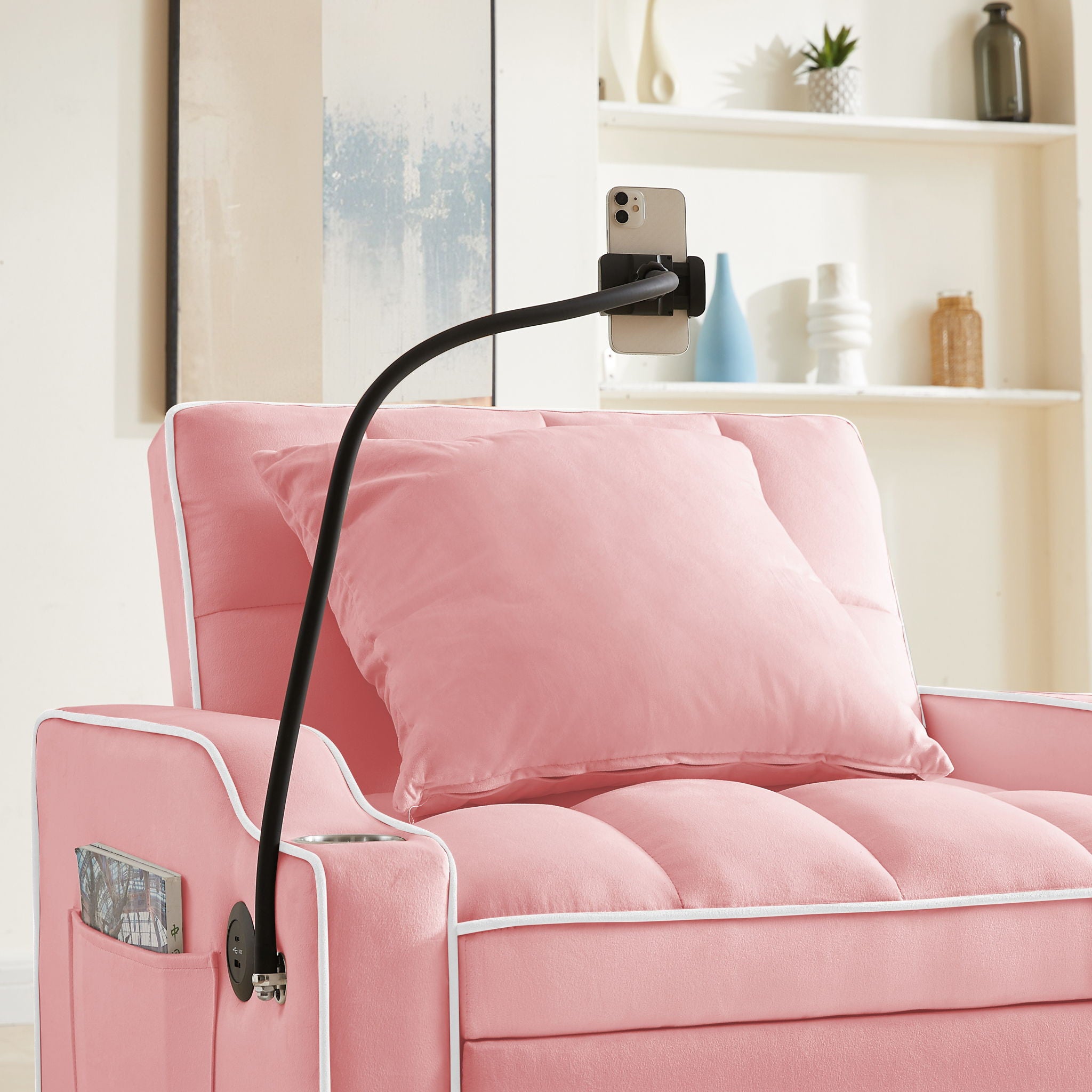 Convertible Velvet 3 In 1 Sofa Bed With Adjustable Sleeper Chair And Multi Pockets