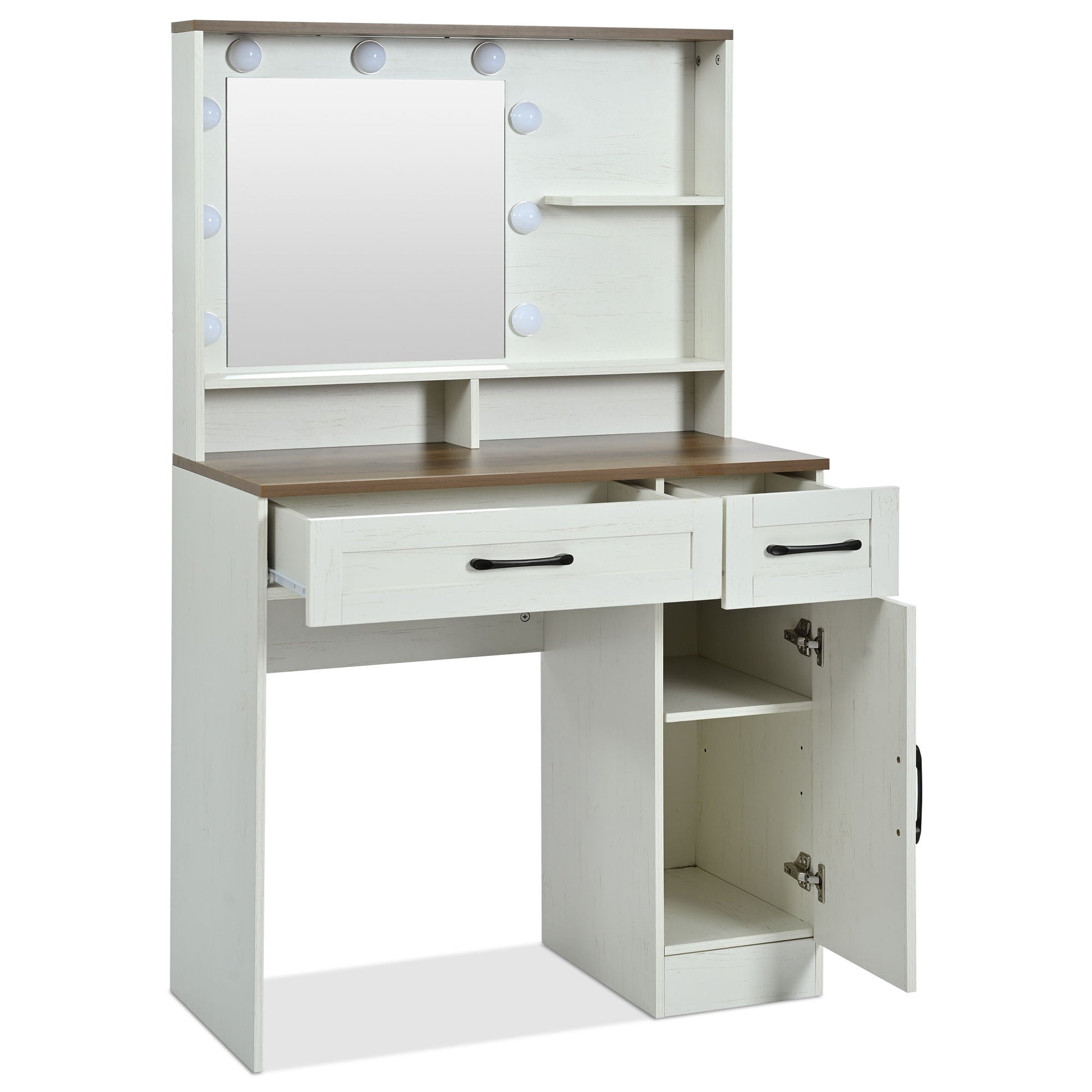 Farmhouse Makeup Vanity Desk With Mirror And Lights, 3 Lighting Modes, Vanity Set With Stool, Dressing Table With Adjustable Shelves, 2 Drawers And Side Cabinet For Bedroom - White - Best Buy Furniture