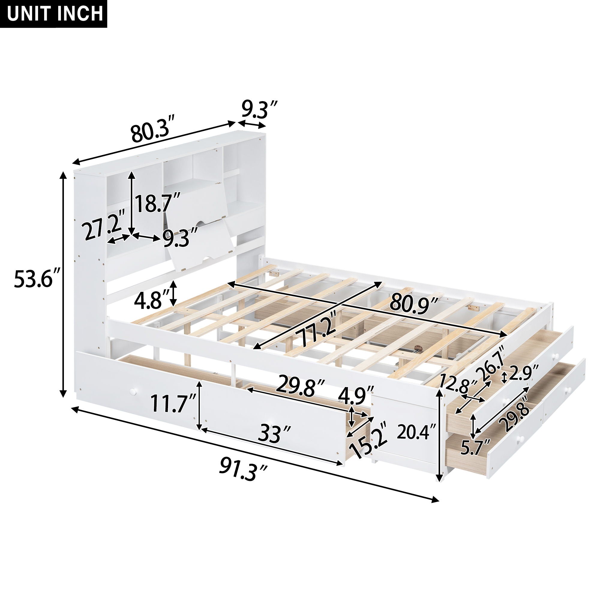 Queen Size Platform Bed With Storage Headboard And 8 Drawers - Gray