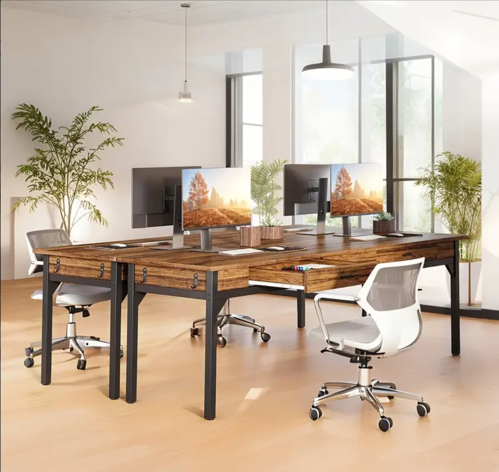 78.7' Extra Long Double Office Desk for Two, Rustic Brown Executive Computer Workstation with 2 Drawers and Hooks, Industrial Home Office Desk with Metal Frame for Shared Workspace or Study