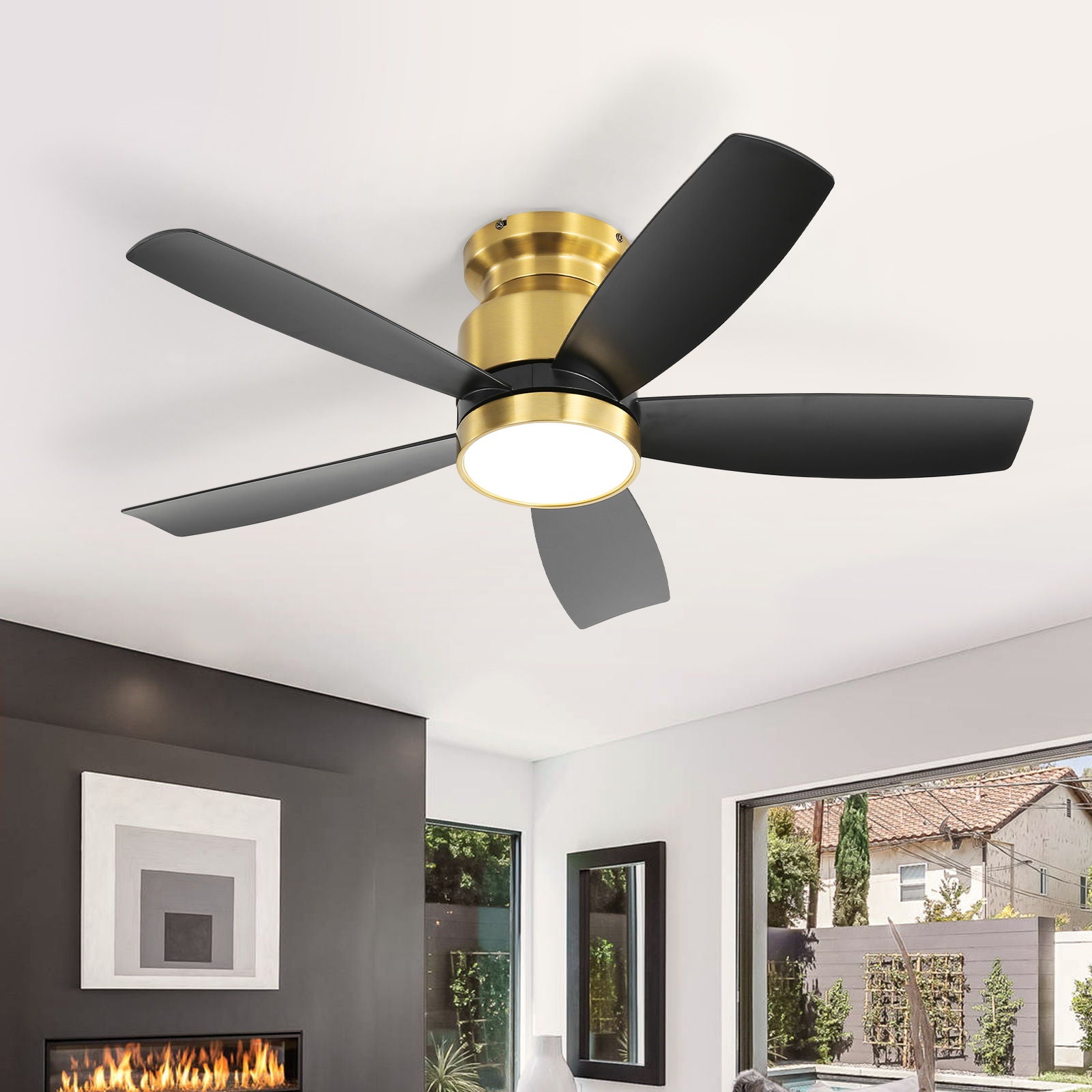 Flush Mount Ceiling Fan With LED Light 22W And Remote Control Blades / Body, DC Motor