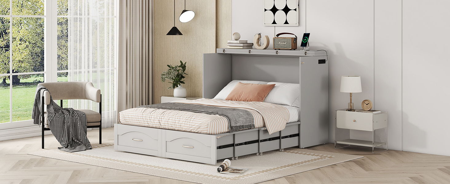 Murphy Wall Bed With Drawer And A Set Of Sockets & USB Ports, Pulley Structure Design