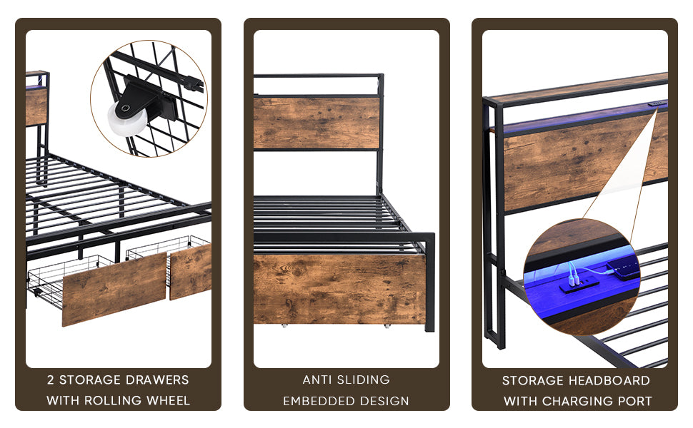 Bed frame with storage, led headboard, drawers & usb port