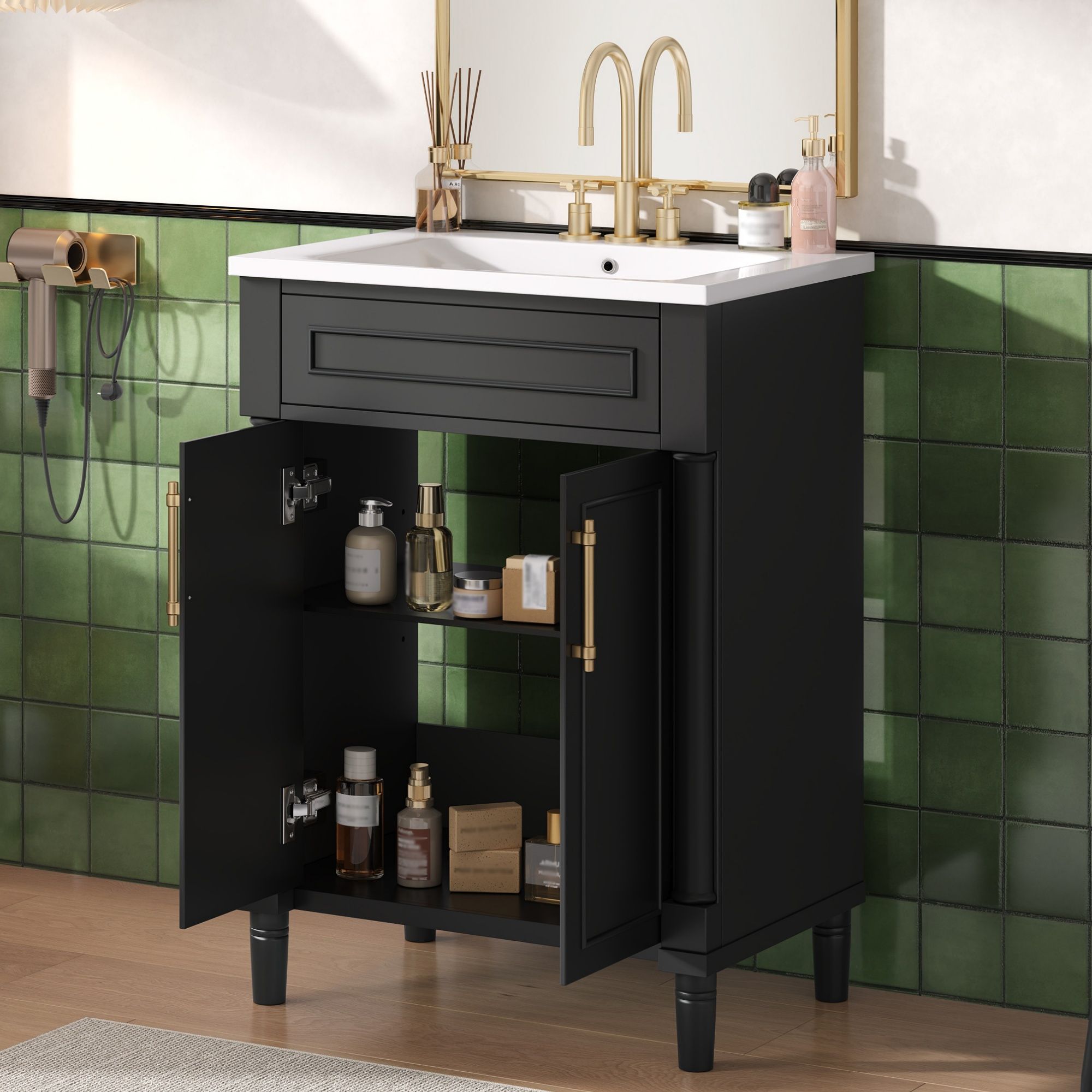 Bathroom Vanity With Integrated Sink, 2 Door Cabinet - Black