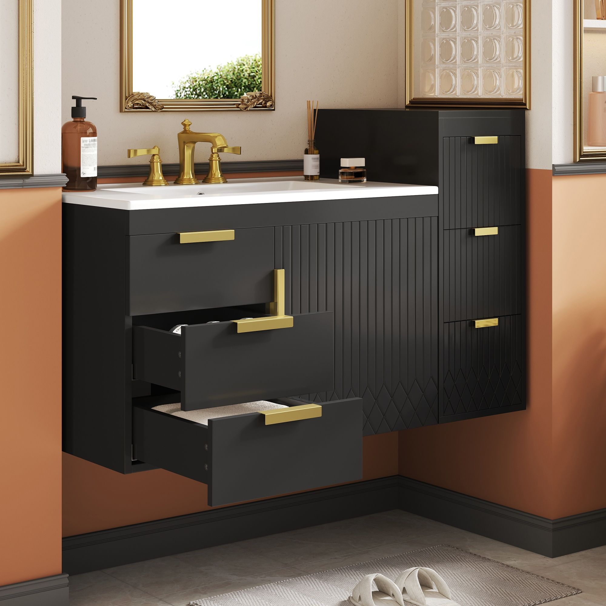Wall Mounted Bathroom Cabinet With Side Cabinet Combo With Soft-Closing Doors And Drawers, Ceramic Sink