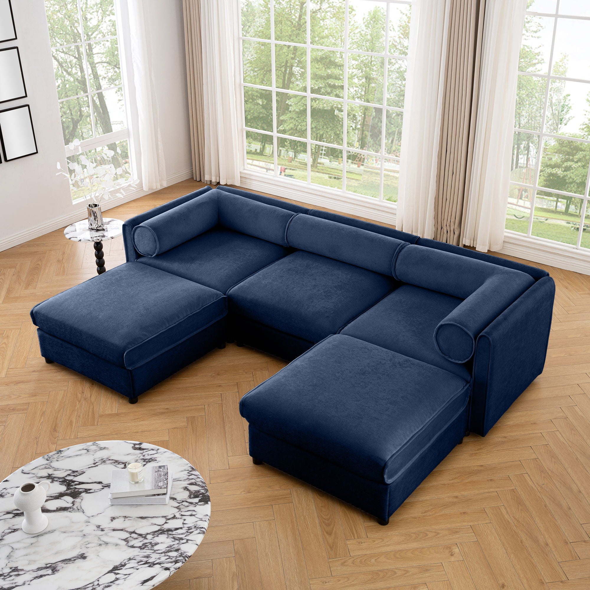 Contemporary Elegant White Chenille Sofa With Storage And Ottoman