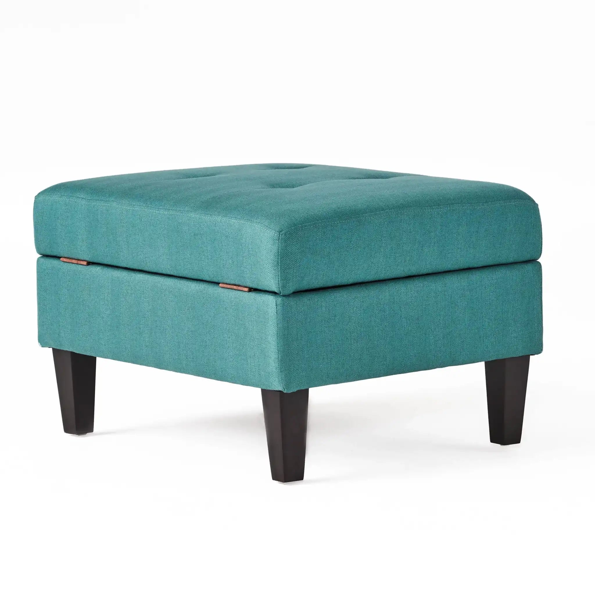 Tufted Waffle Stitch Upholstered Storage Ottoman With Wood Legs - Teal