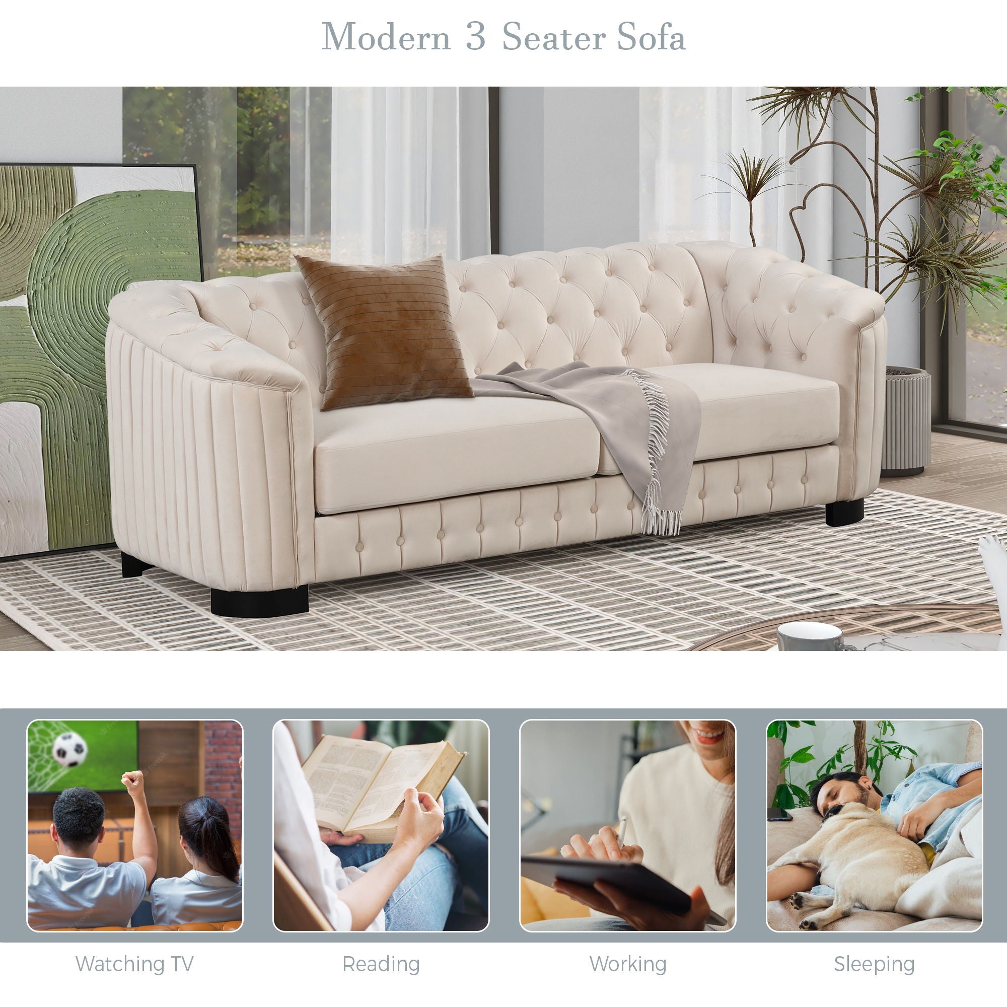 Sofa With Thick Removable Seat Cushion, 3 Seater