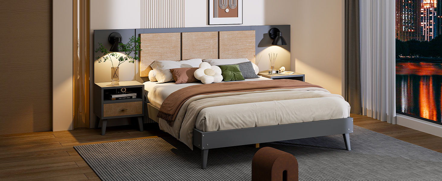 Bed Frame With 2 Nightstands Elegant Design With Lamps