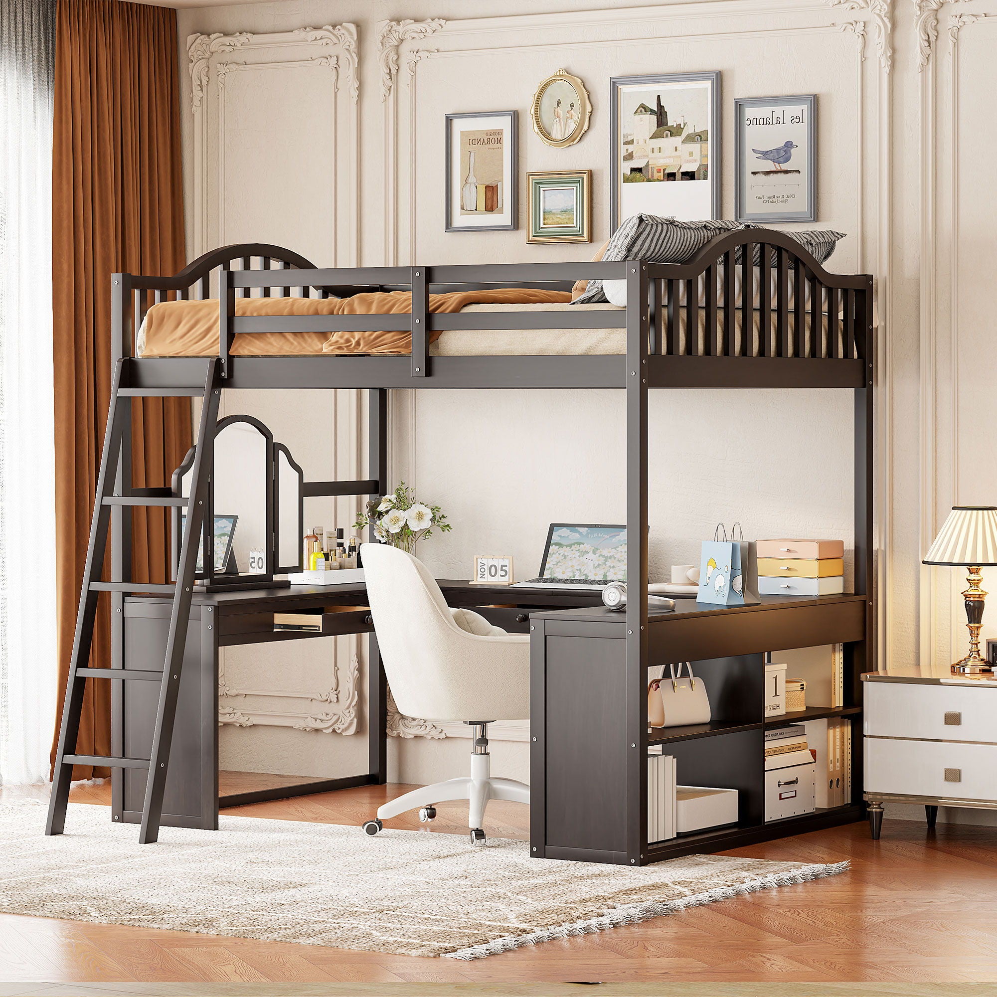 Loft Bed With Drawers, Cabinet, Shelves With Desk
