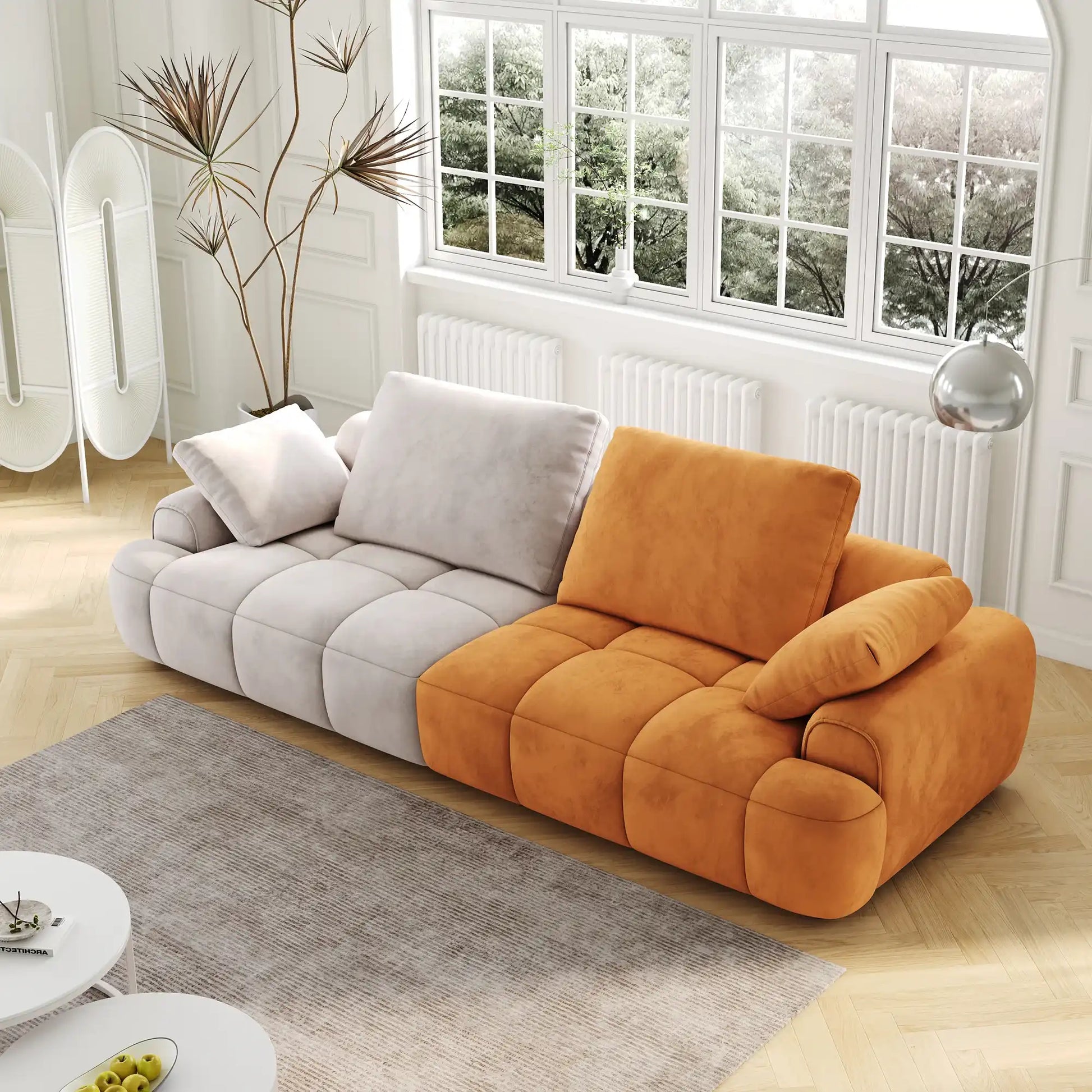 86.6″ Large size two Seat Sofa,Modern Upholstered,Gray paired with yellow suede fabric Increase in sitting height - Best Buy Furniture