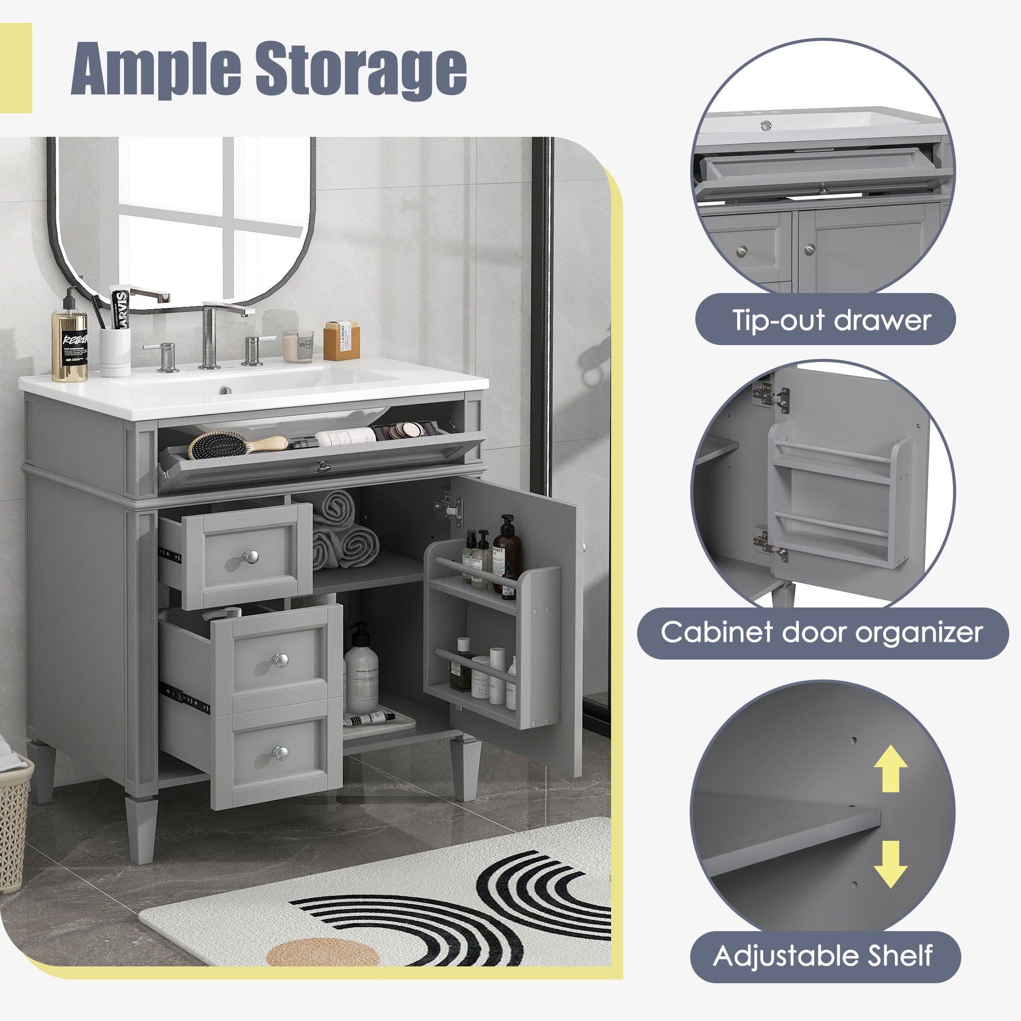 Bathroom Vanity With Top Sink, Storage Cabinet With 2 Drawers, Tip Out Drawer