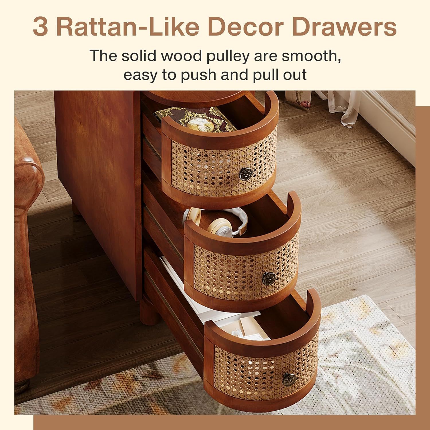 Narrow 3 Drawer End Table, Compact Nightstand For Living Room - Brown Oak