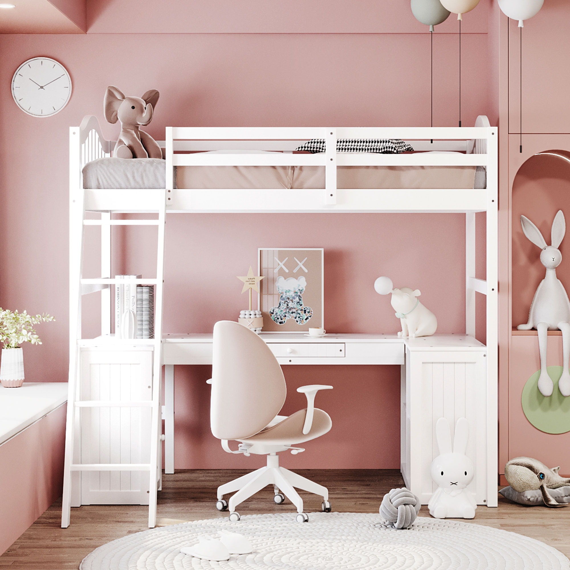 Loft Bed With Drawers, Cabinet, Shelves With Desk