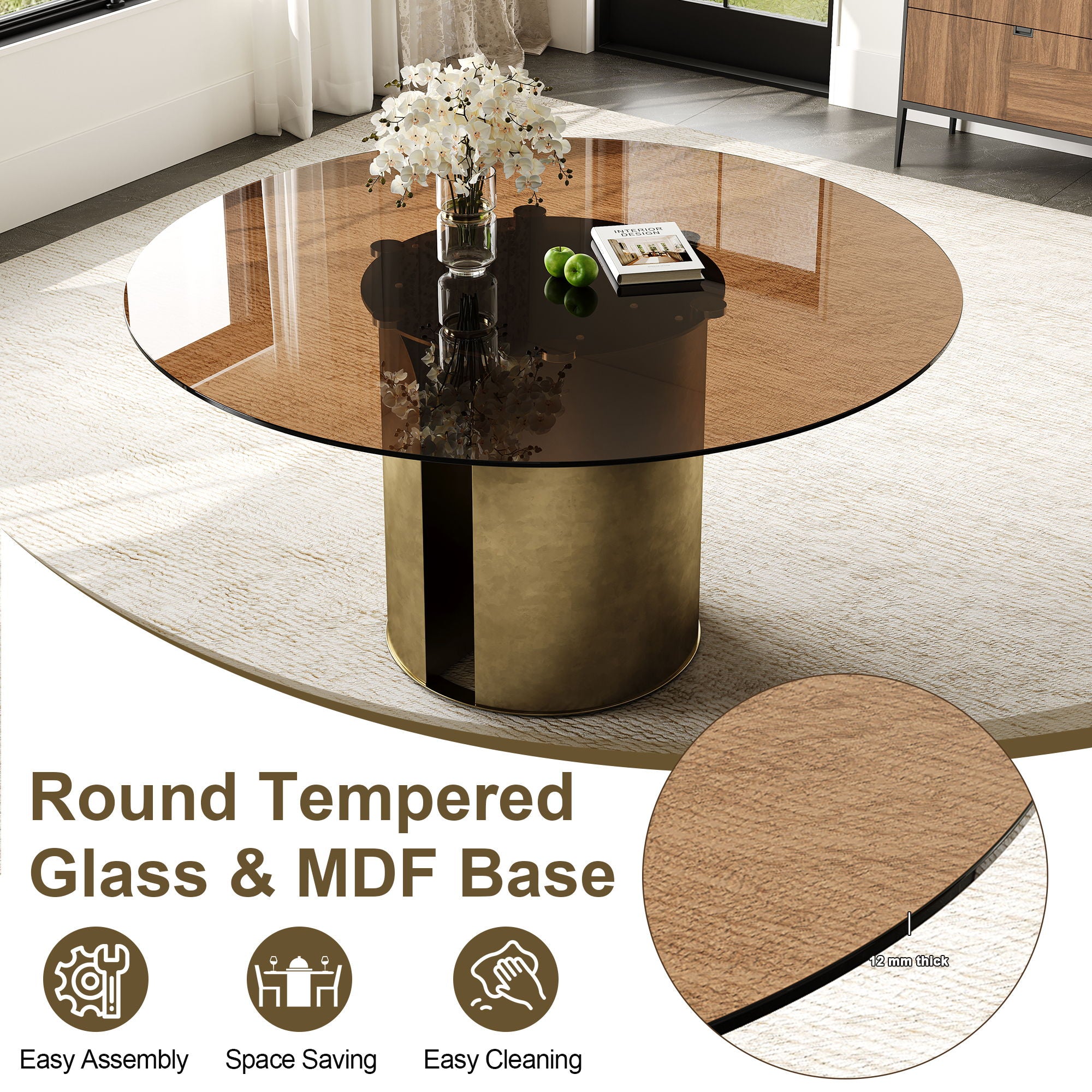 Modern Round Dining Table Set With Glass Top And Steel Legs