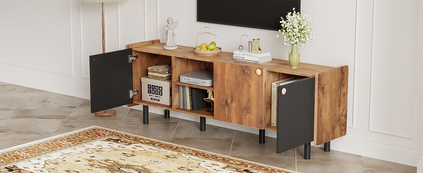 Mid Century TV Stand & 3 Cabinets, Media Console Table For Tvs Up To 70'', Entertainment Center With Storage For Living Room - Black / Brown