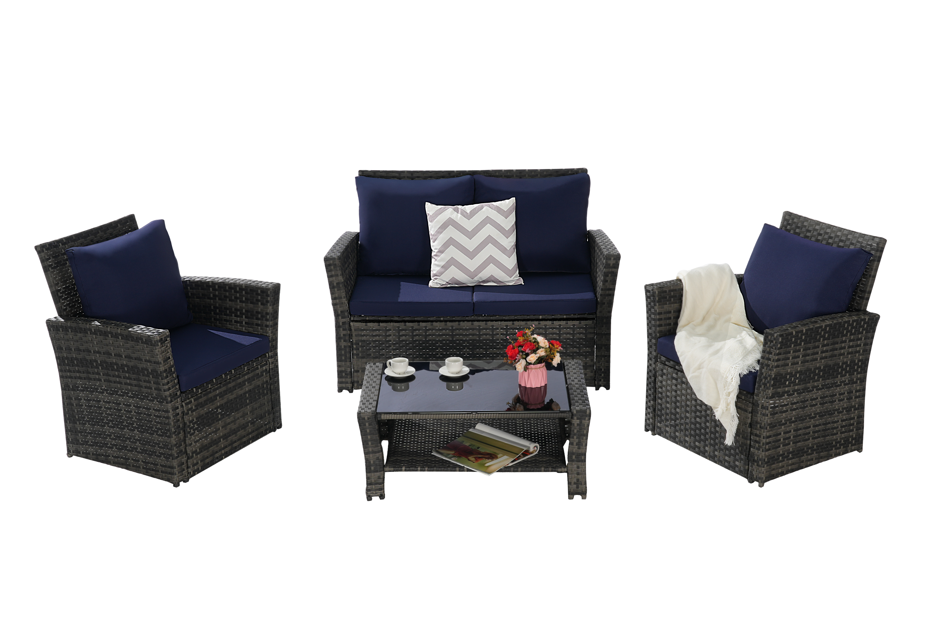 4 Pieces Outdoor Patio Furniture Set with Rattan Chairs and Tempered Glass Table