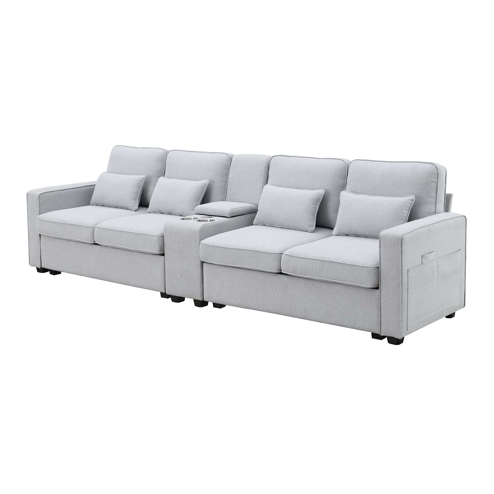 114.2" Modern Upholstered Sofa with Console, 4 Seats, Linen Fabric - Best Buy Furniture