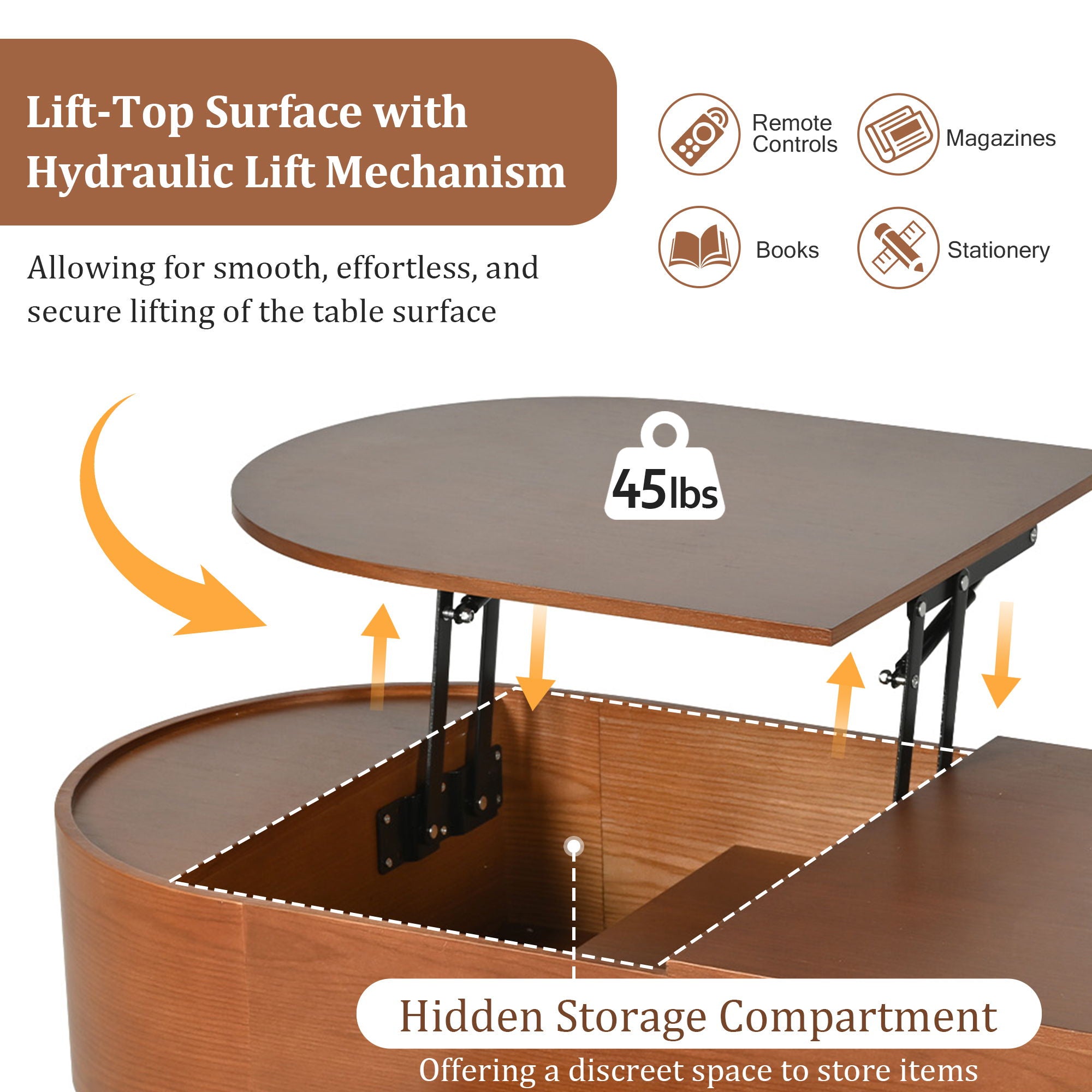 Lift Top Coffee Table With 360 Degree Marble Patterned Rotating Tray