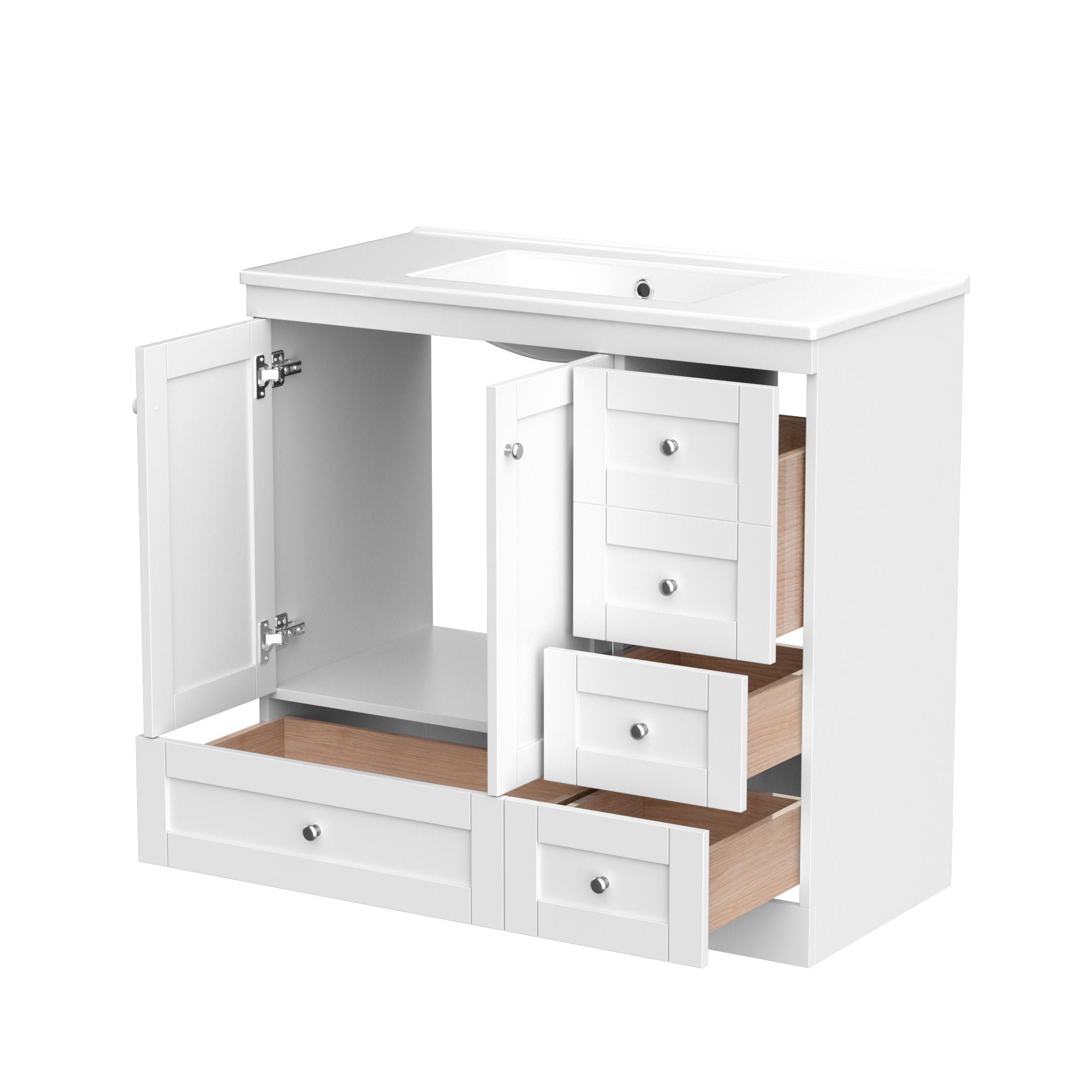 Shaker Free Standing Bathroom Vanity Cabinet With Sink, Soft Close Drawers And Doors - White