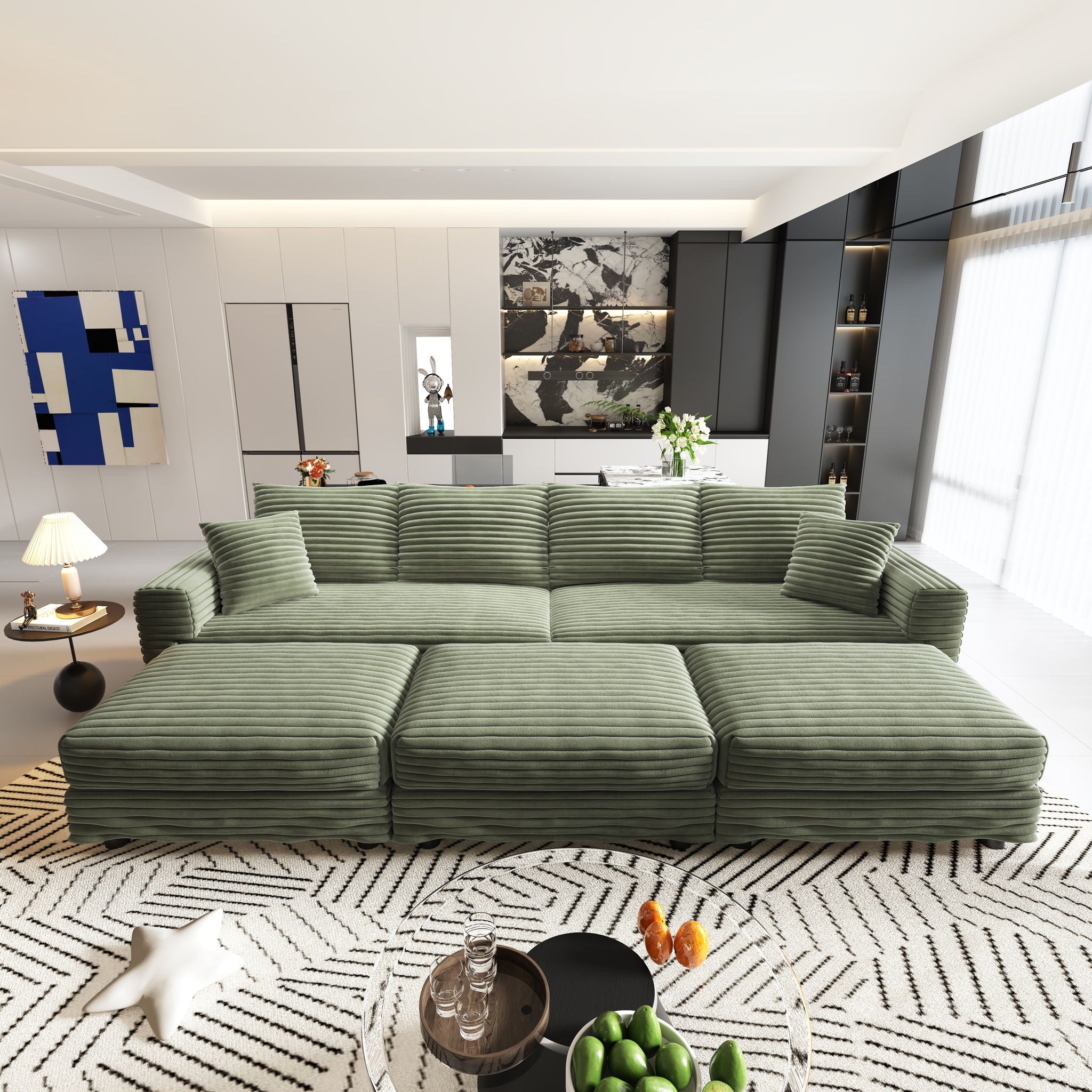 Deep Seat Convertible Sofa With Soft Pillows And Ottomans