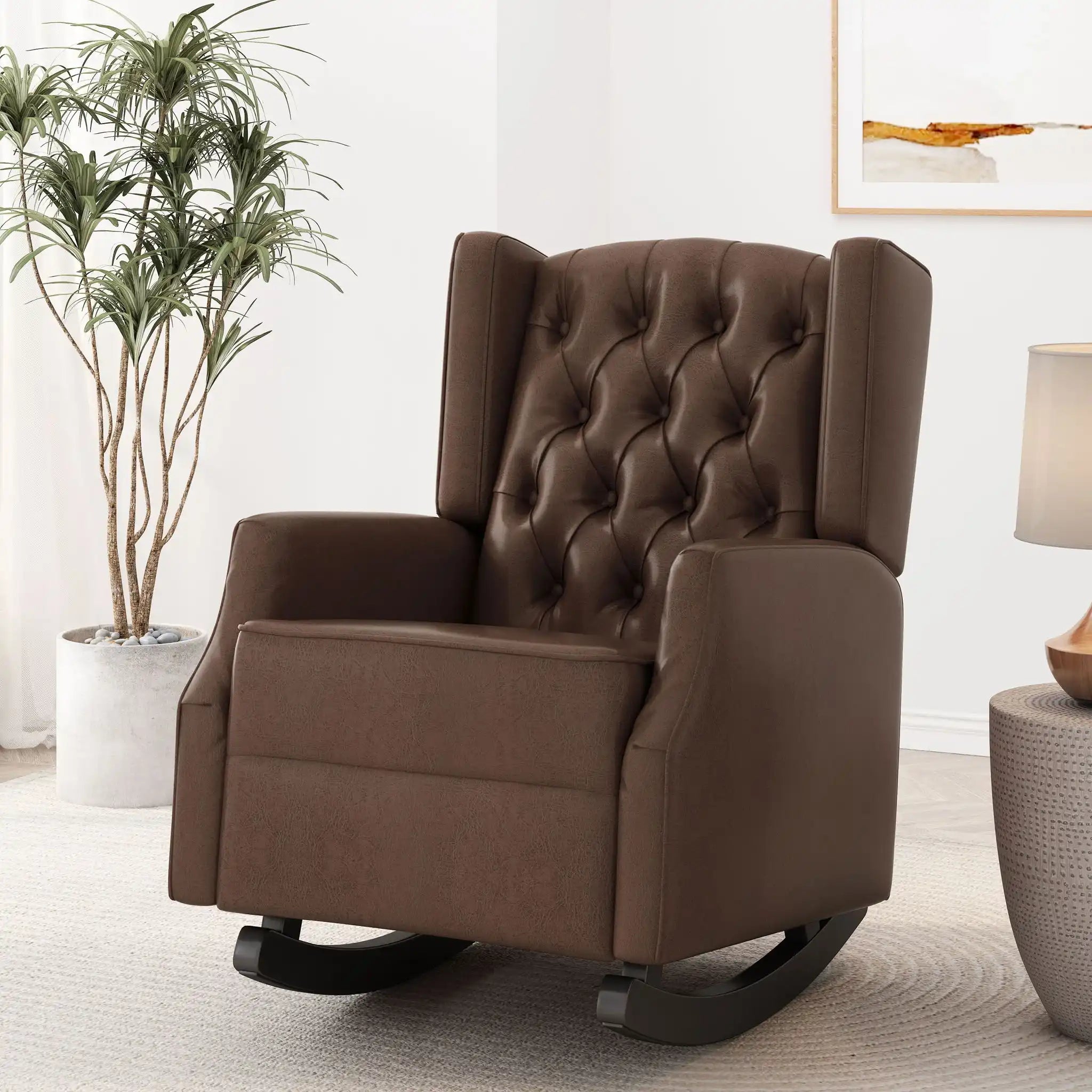 Amedou - Contemporary Tufted Wingback Rocking Chair - Dark Brown