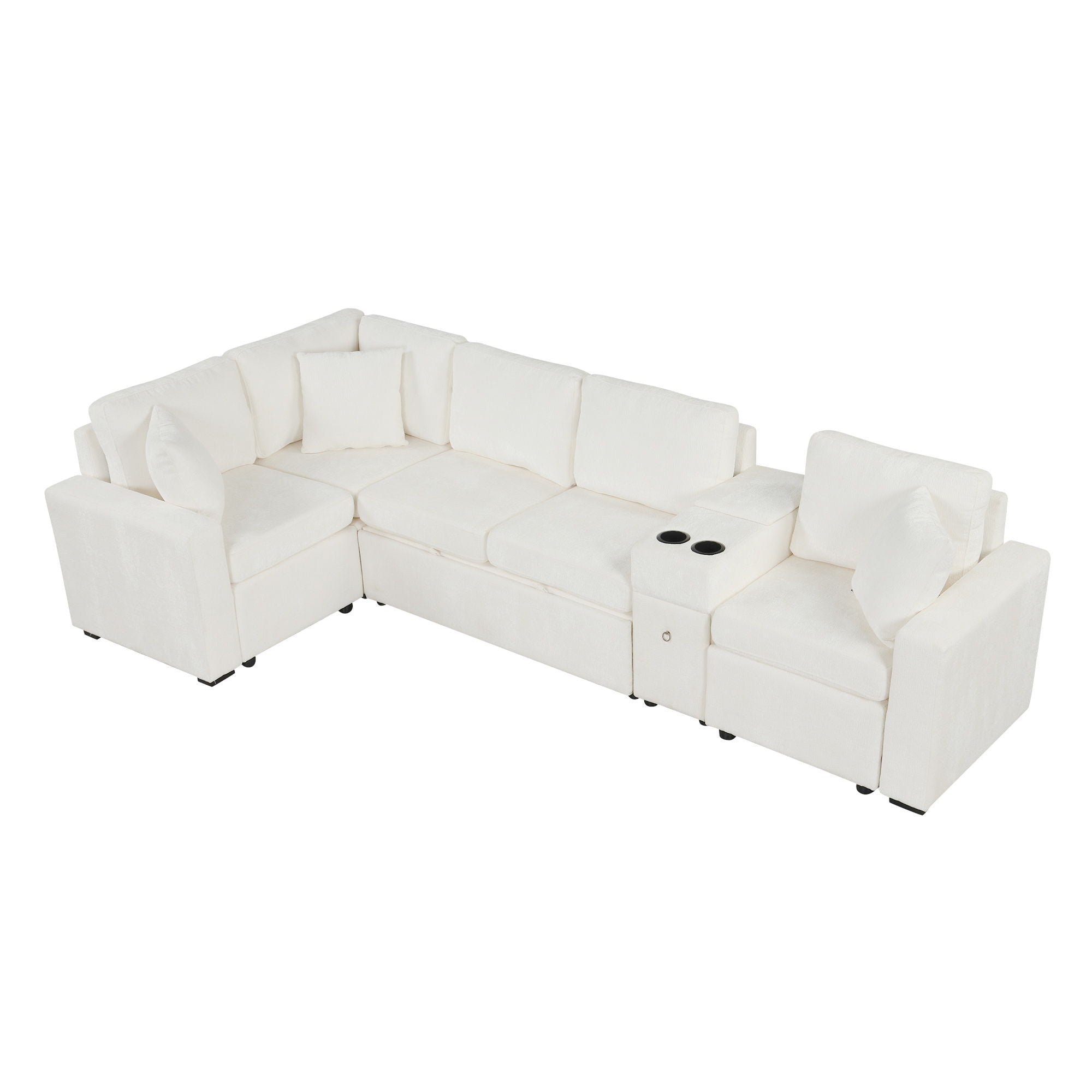 Modular L-Shaped Sectional Sofa Bed With Pull-Out Sleeper, Cup Holders, And Storage